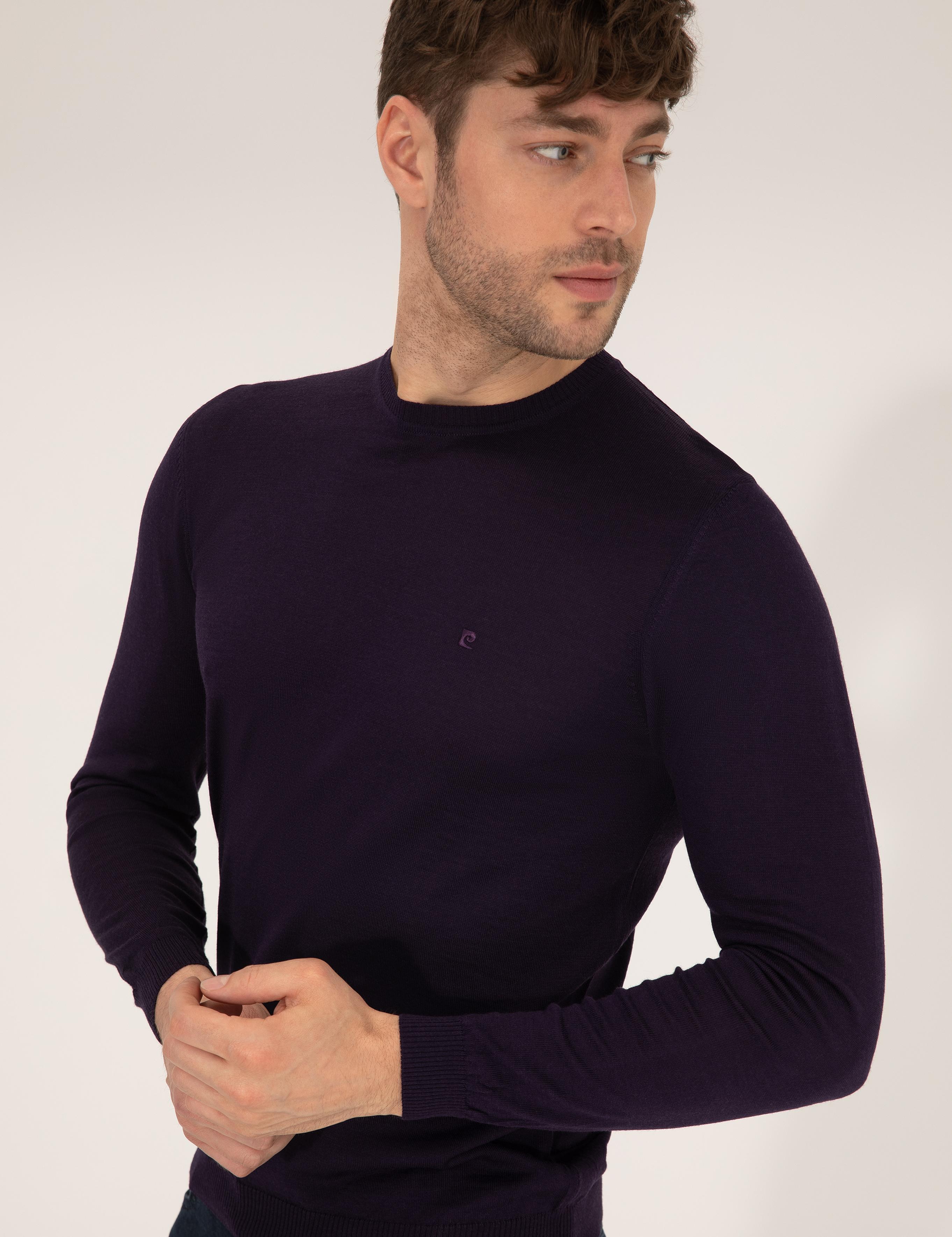 Mor Slim Fit Bisiklet Yaka Yün Karışımlı Basic Triko Kazak