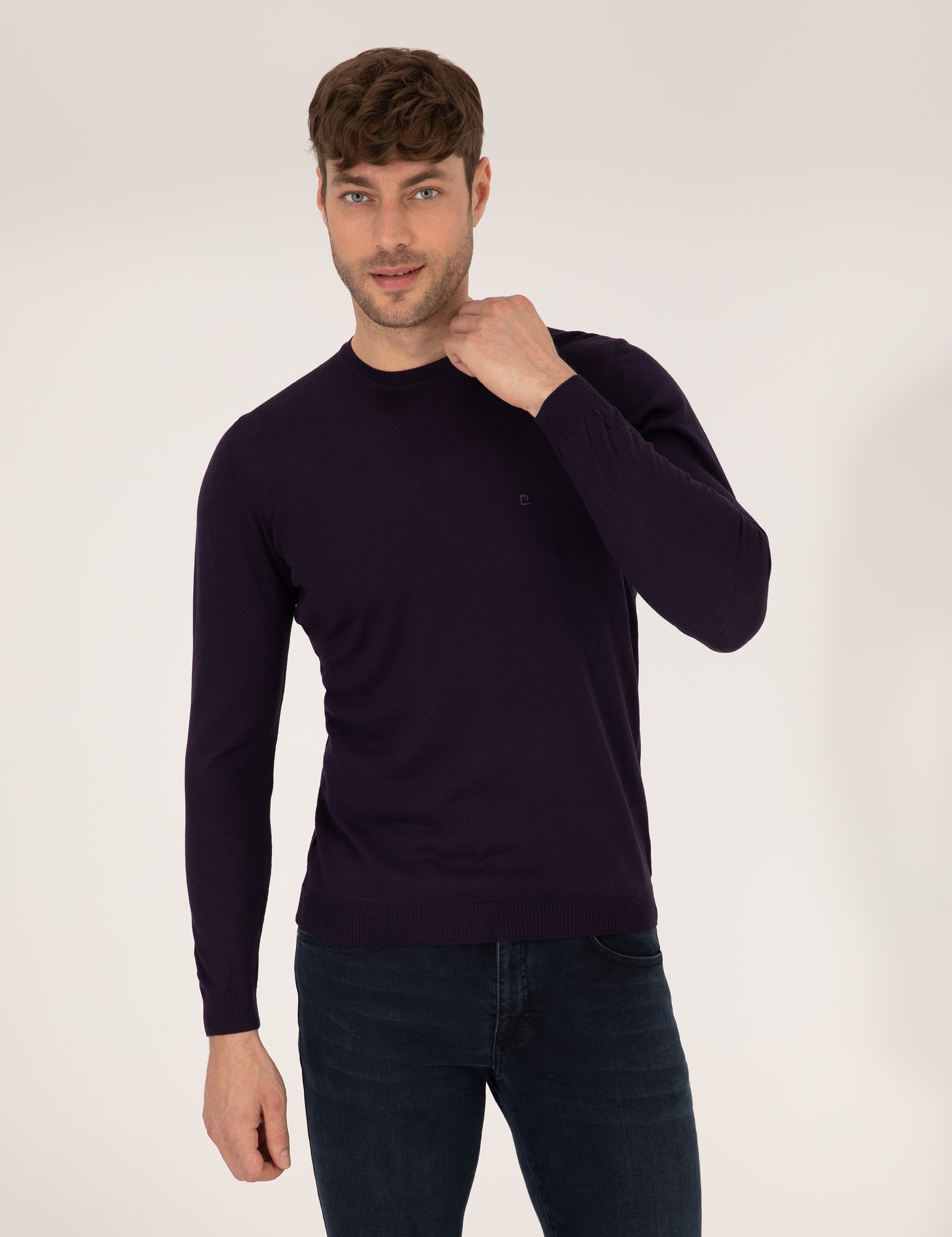Mor Slim Fit Bisiklet Yaka Yün Karışımlı Basic Triko Kazak