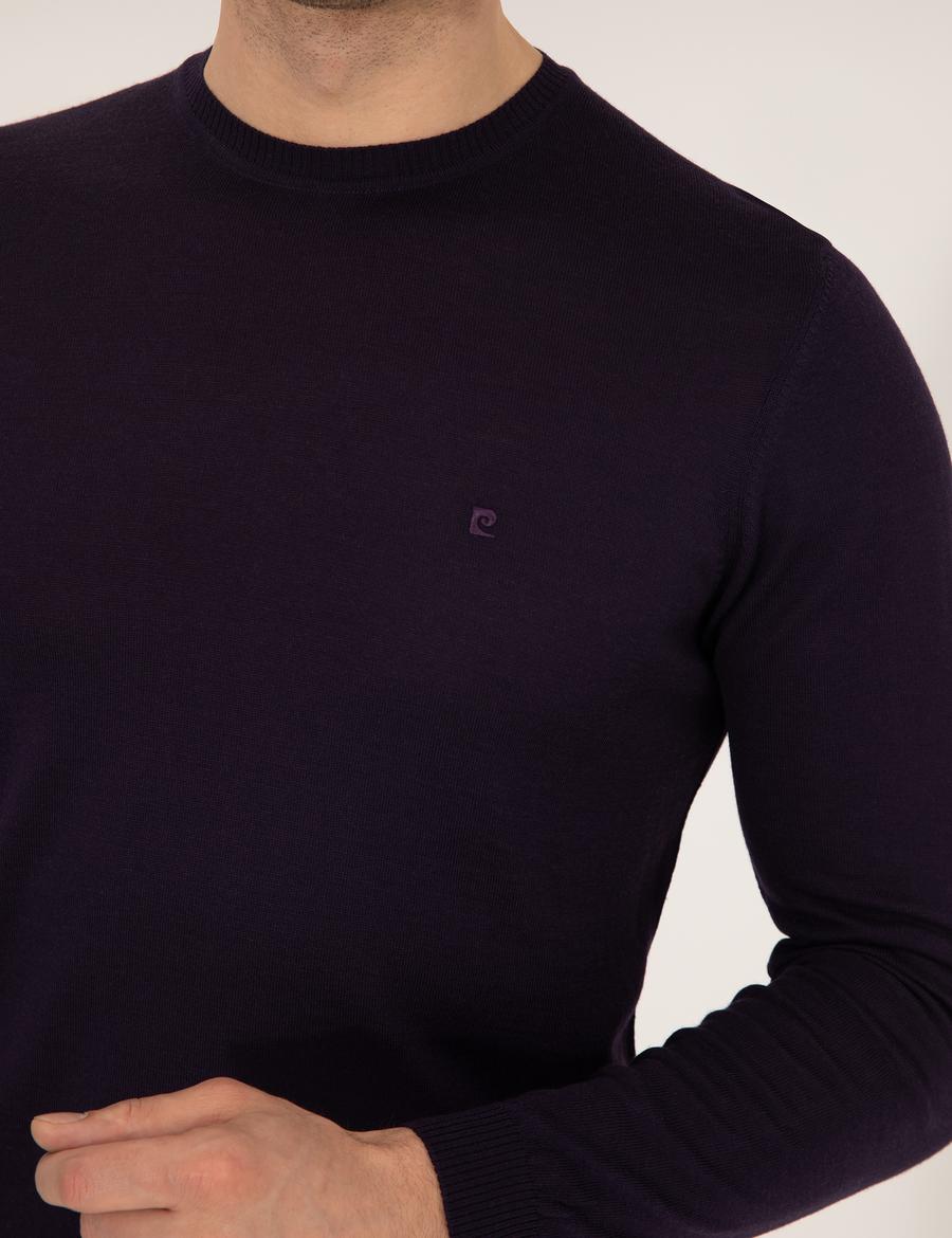 Mor Slim Fit Bisiklet Yaka Yün Karışımlı Basic Triko Kazak