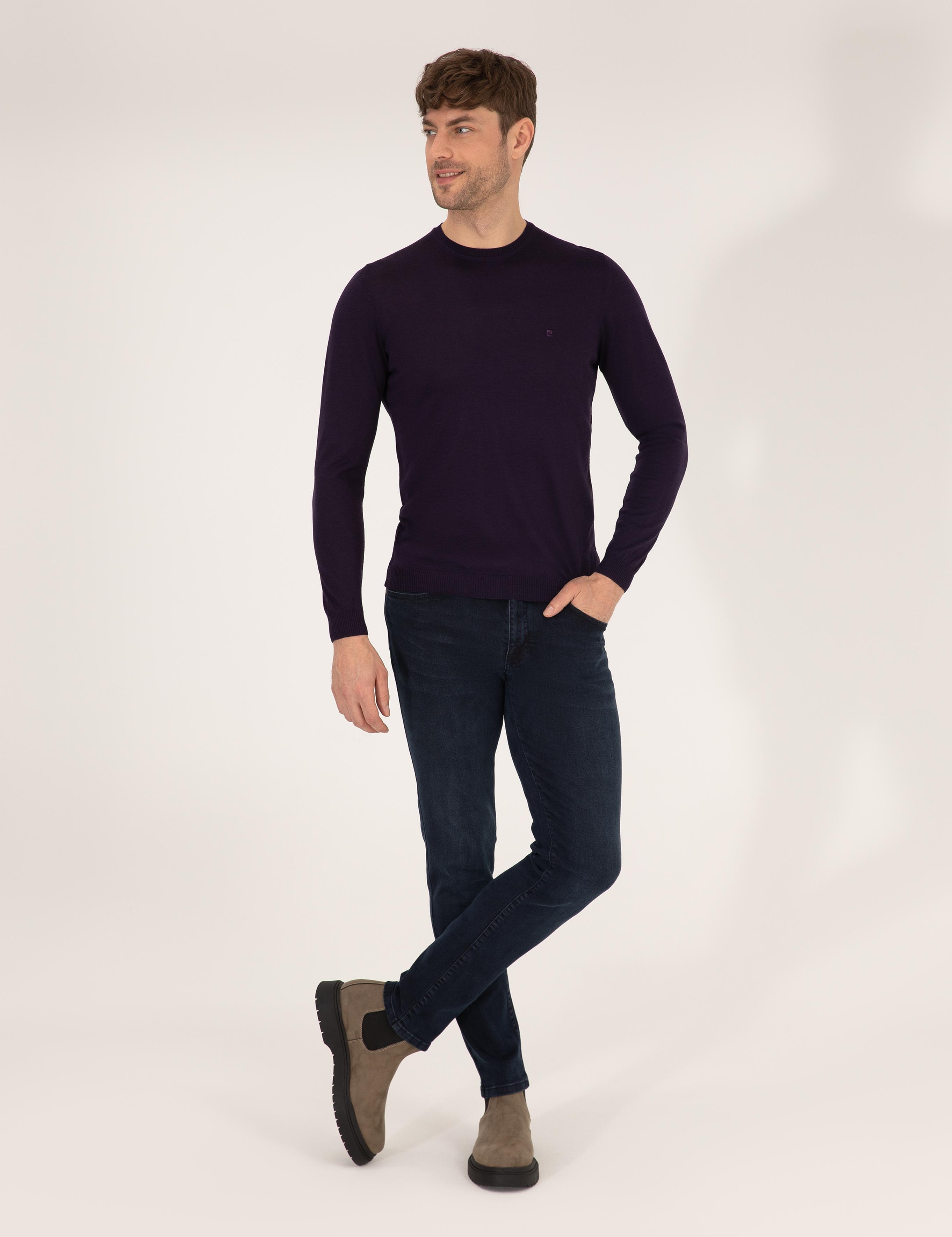 Mor Slim Fit Bisiklet Yaka Yün Karışımlı Basic Triko Kazak