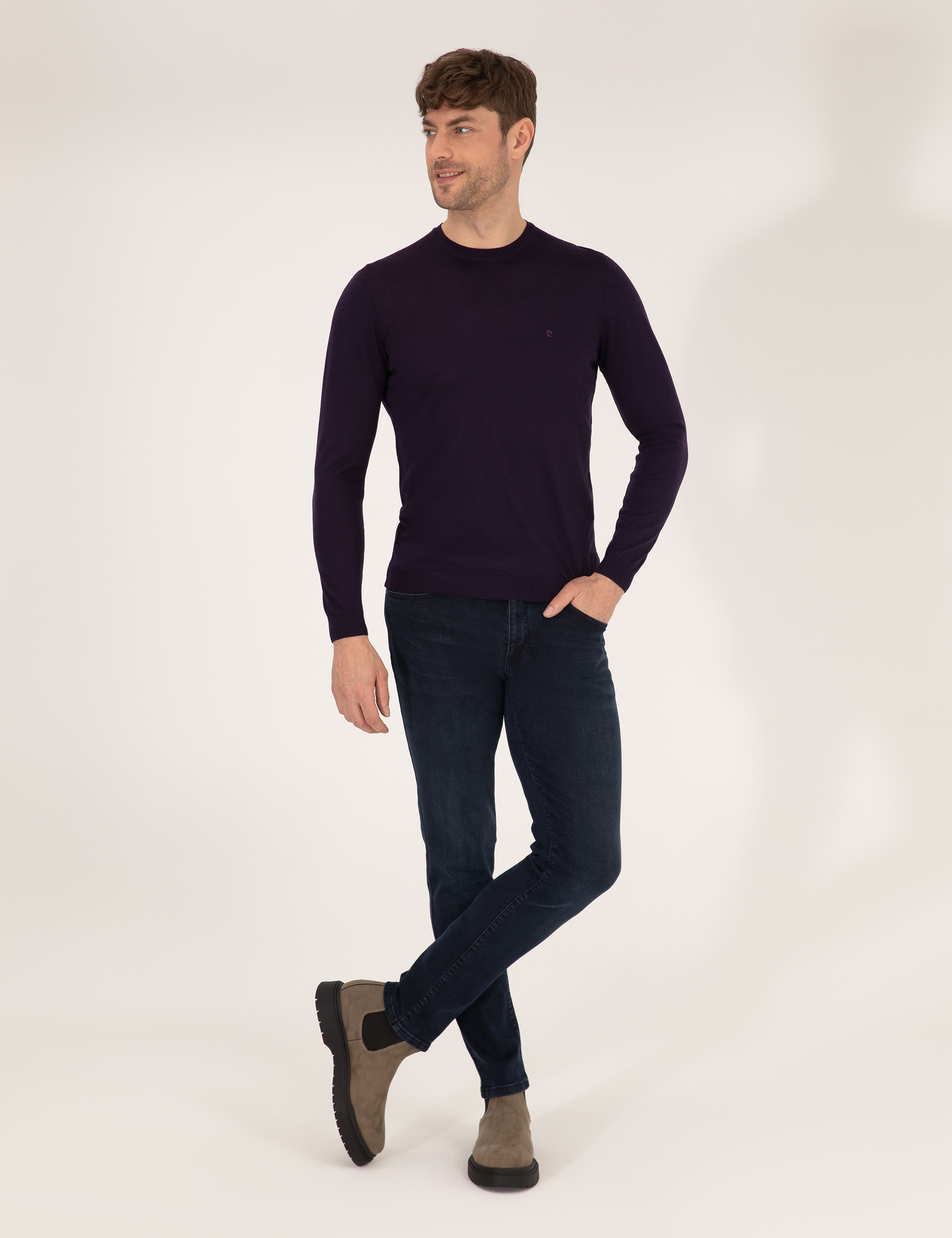 Mor Slim Fit Bisiklet Yaka Yün Karışımlı Basic Triko Kazak - Image 5