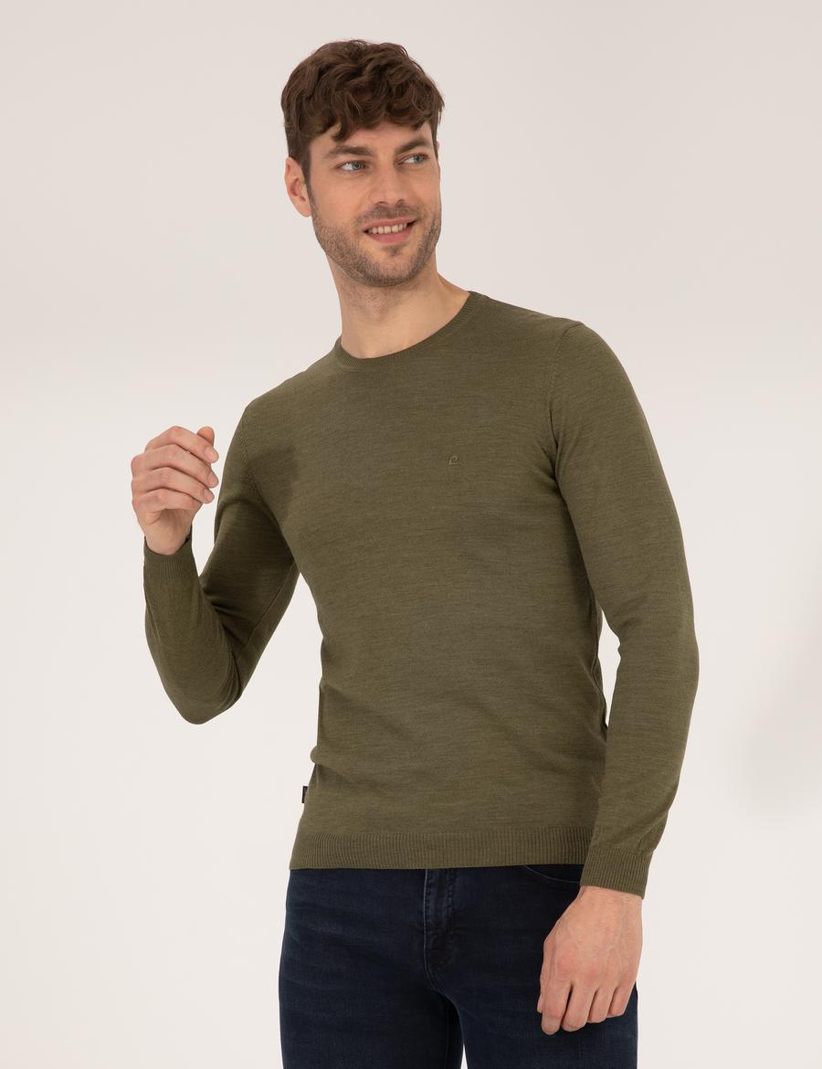 Açık Yeşil Slim Fit Bisiklet Yaka Yün Karışımlı Basic Triko Kazak