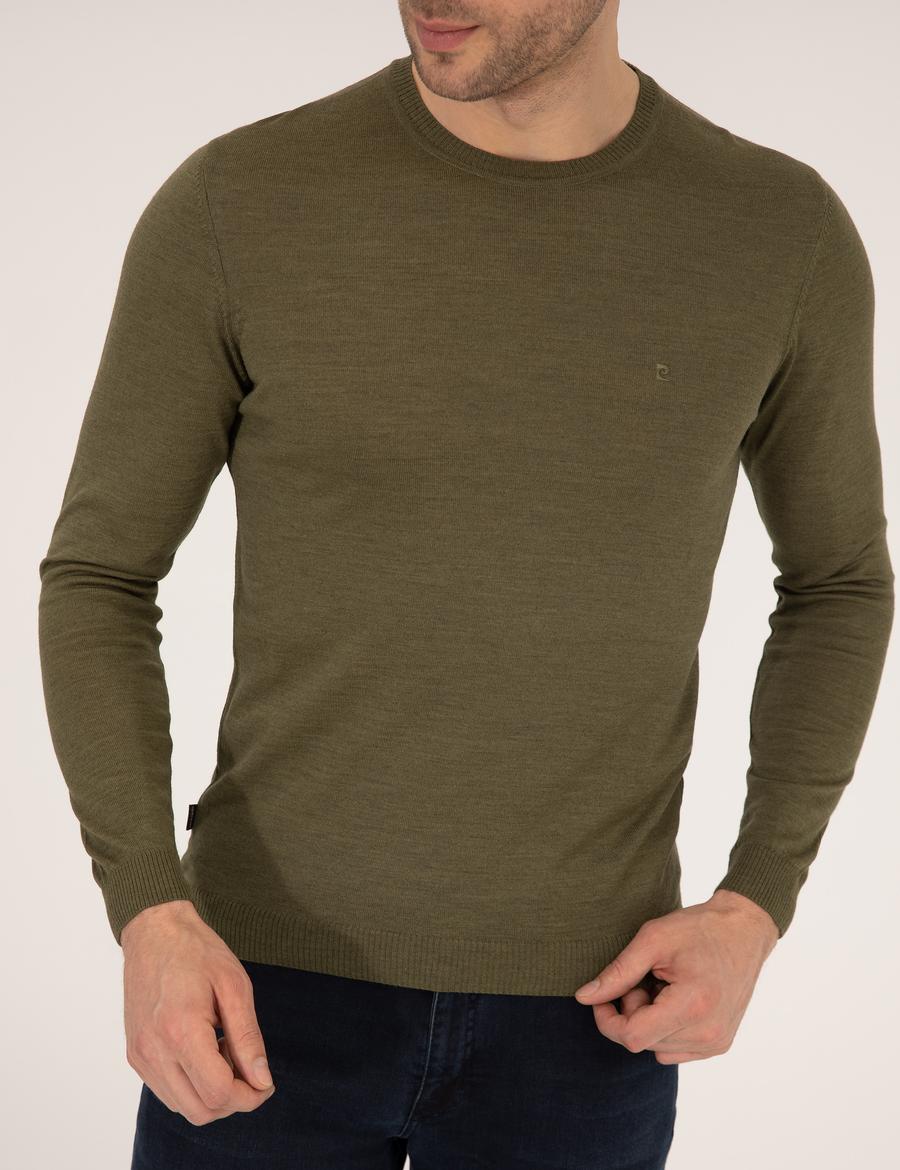 Açık Yeşil Slim Fit Bisiklet Yaka Yün Karışımlı Basic Triko Kazak