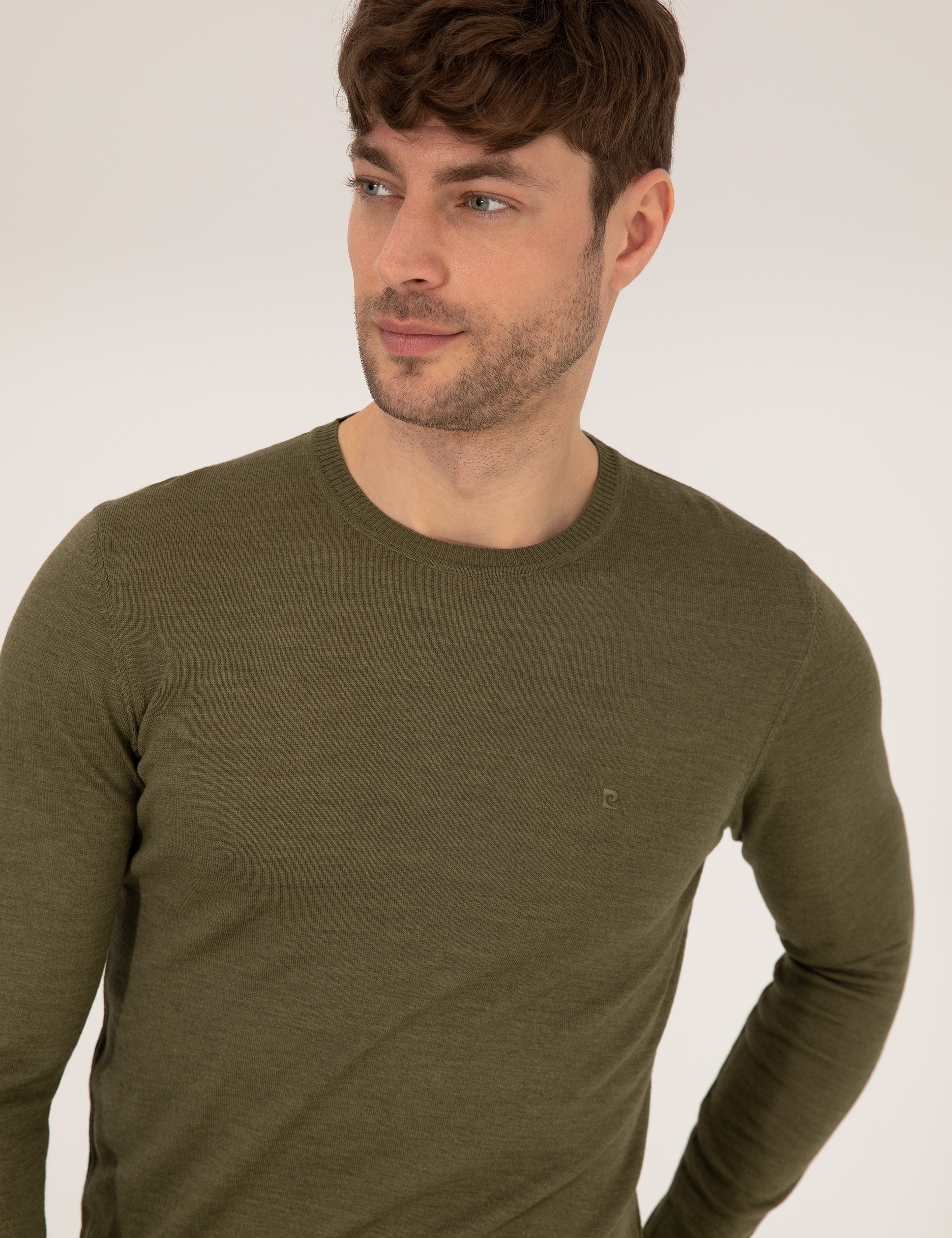 Açık Yeşil Slim Fit Bisiklet Yaka Yün Karışımlı Basic Triko Kazak - Image 1