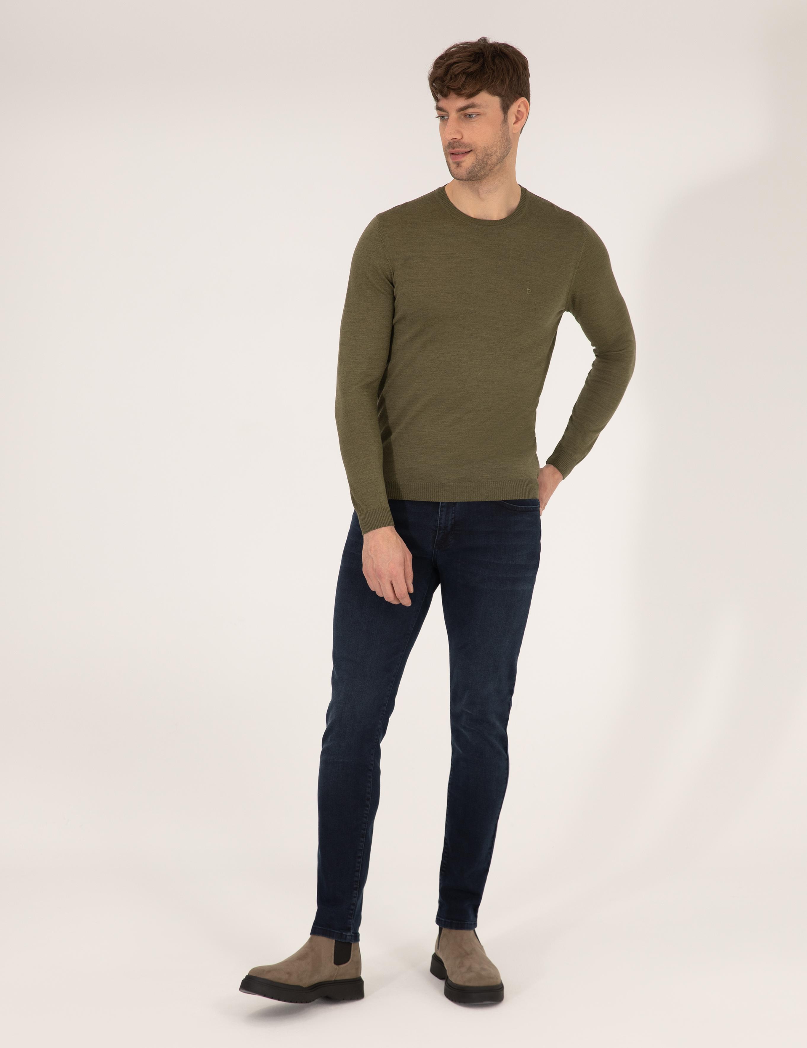 Açık Yeşil Slim Fit Bisiklet Yaka Yün Karışımlı Basic Triko Kazak