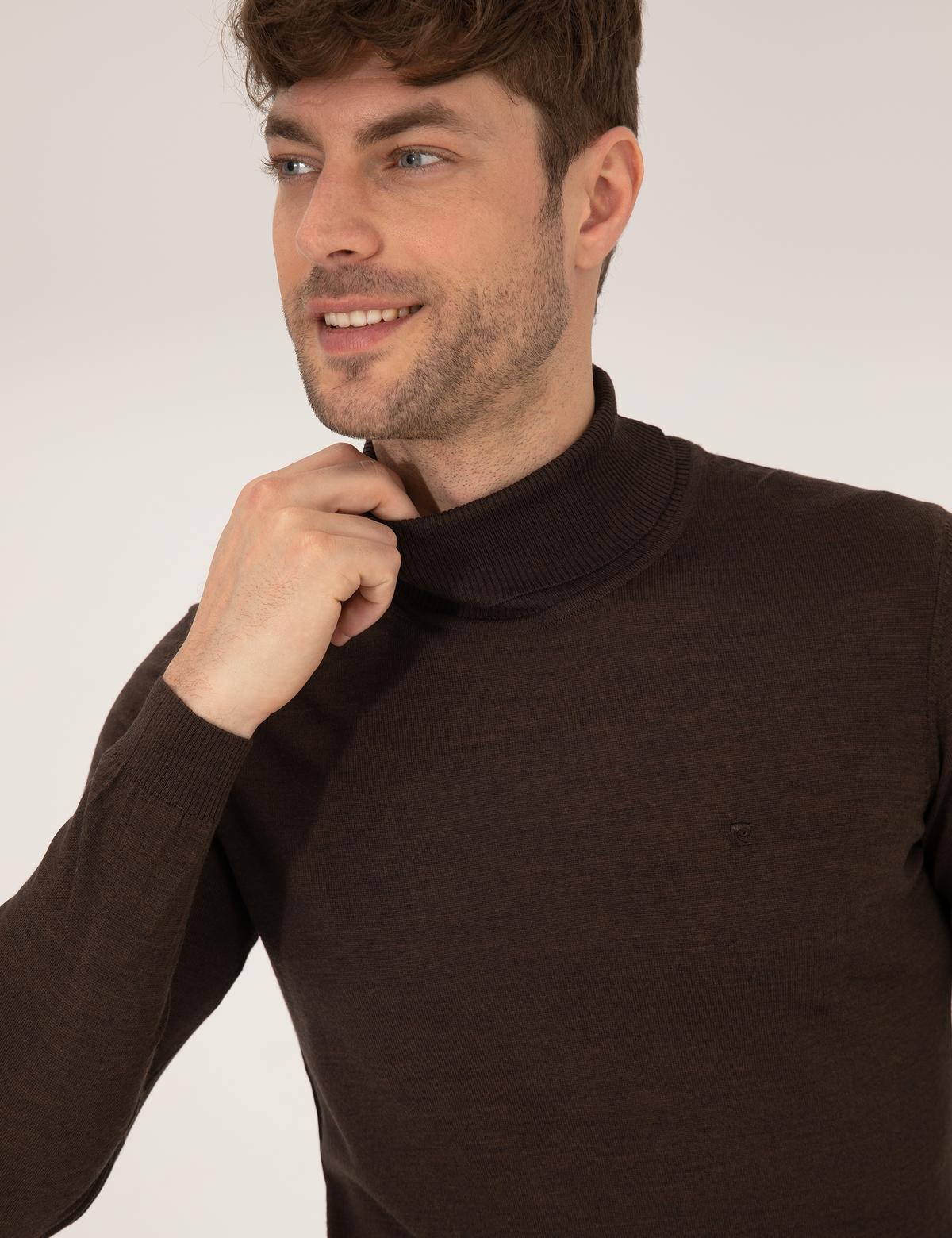 Kahverengi Slim Fit Balıkçı Yaka Yün Karışımlı Basic Triko Kazak - 50257302011