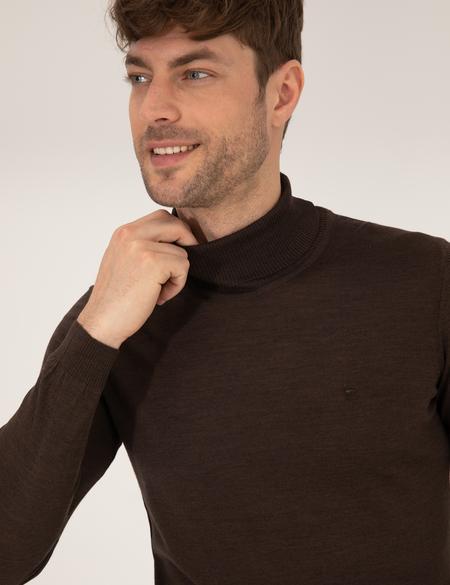 Kahverengi Slim Fit Balıkçı Yaka Yün Karışımlı Basic Triko Kazak - 50257302011