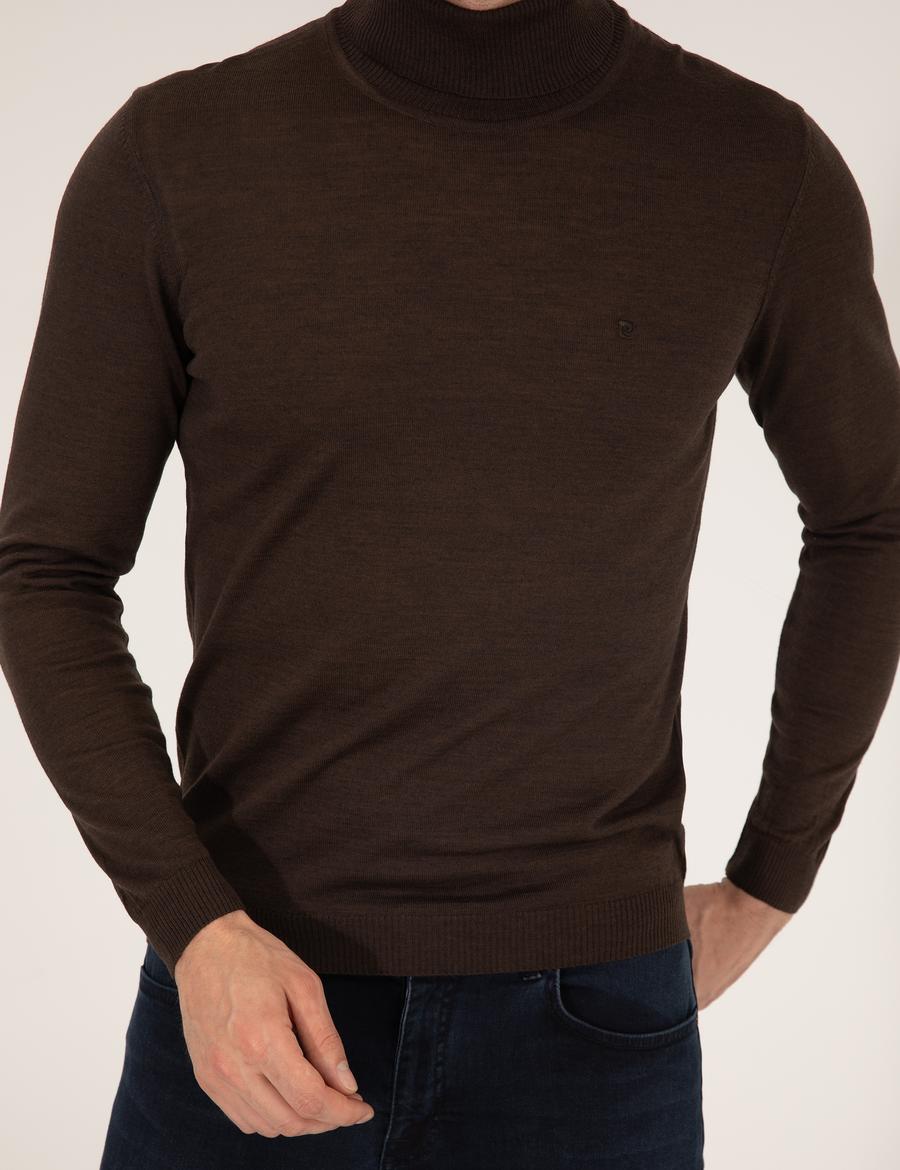 Kahverengi Slim Fit Balıkçı Yaka Yün Karışımlı Basic Triko Kazak