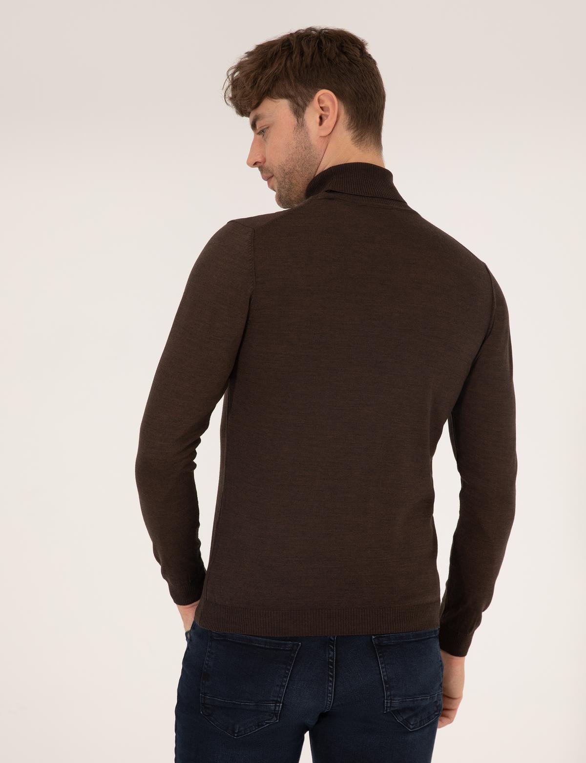 Kahverengi Slim Fit Balıkçı Yaka Yün Karışımlı Basic Triko Kazak - 50257302011