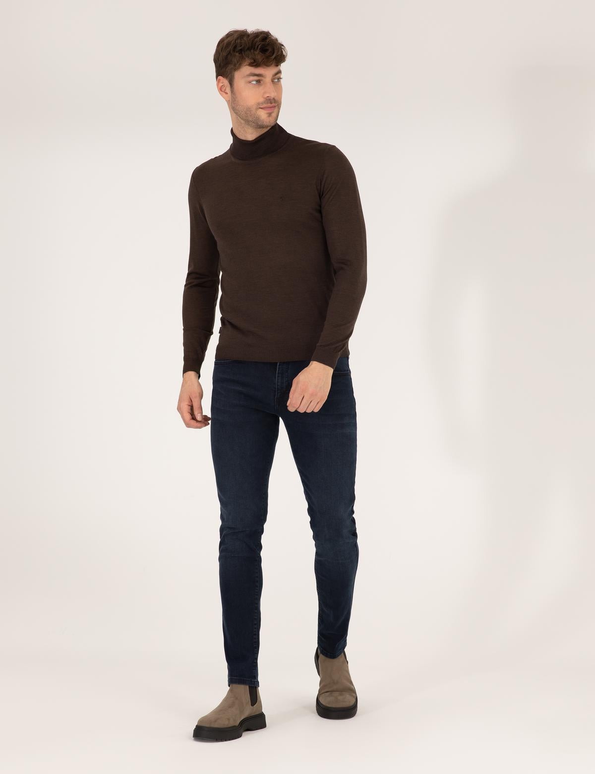 Kahverengi Slim Fit Balıkçı Yaka Yün Karışımlı Basic Triko Kazak - 50257302011