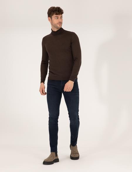 Kahverengi Slim Fit Balıkçı Yaka Yün Karışımlı Basic Triko Kazak - 50257302011