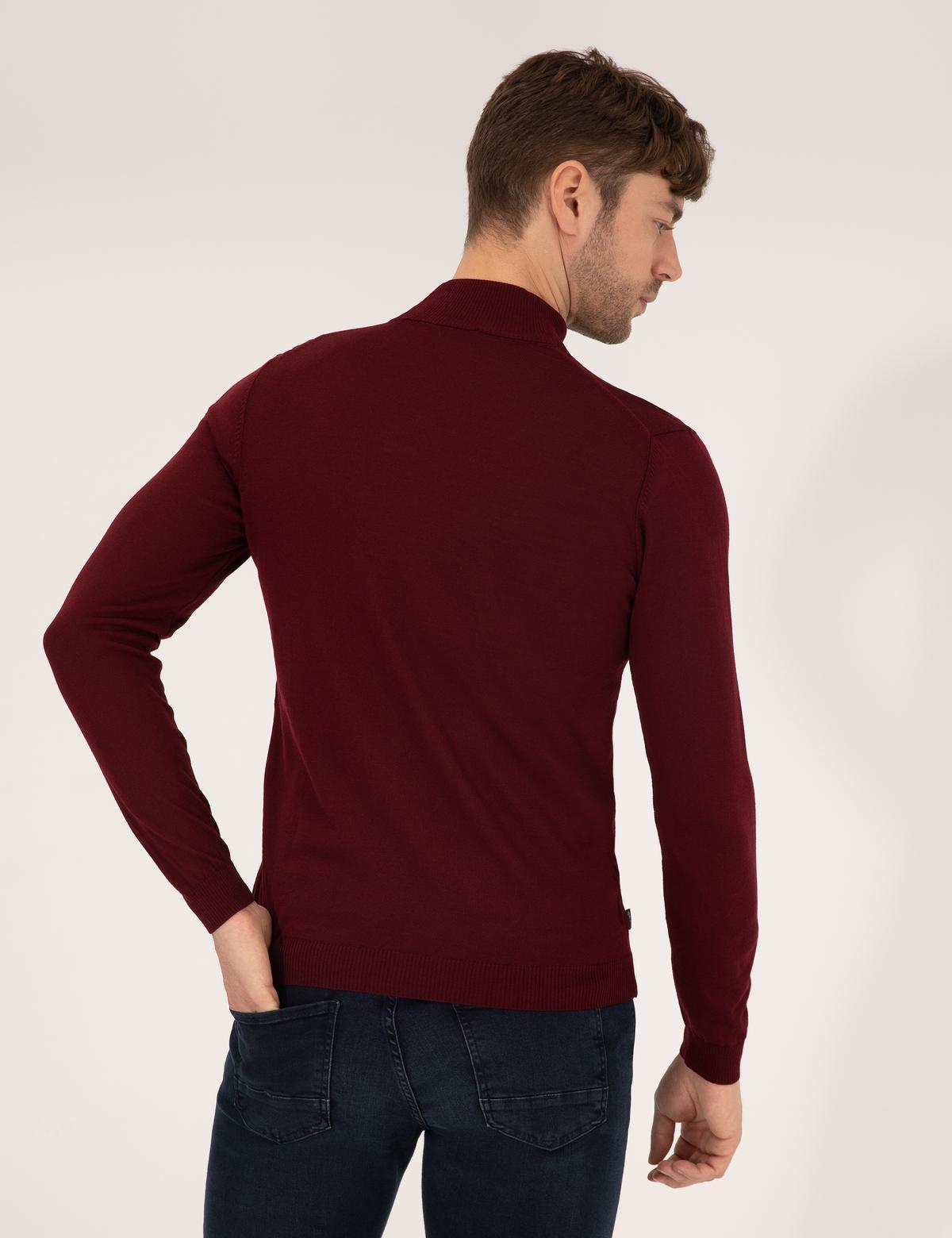 Bordo Slim Fit Yarım Balıkçı Yaka Yün Karışımlı Basic Triko Kazak - 50257313003