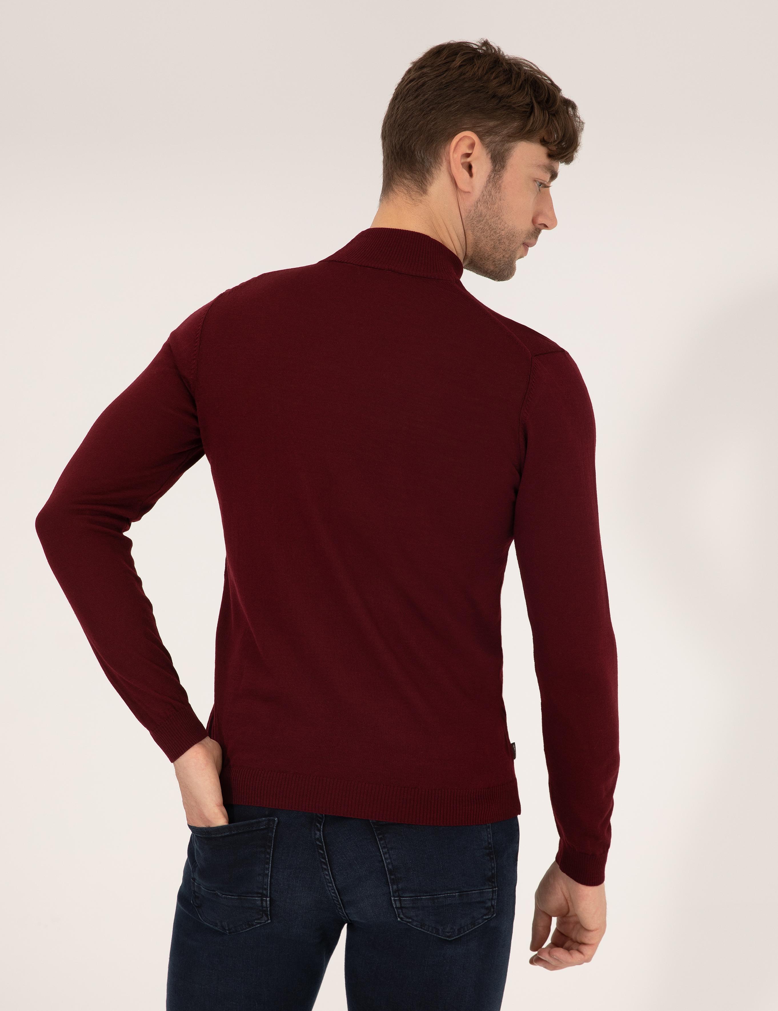 Bordo Slim Fit Yarım Balıkçı Yaka Yün Karışımlı Basic Triko Kazak