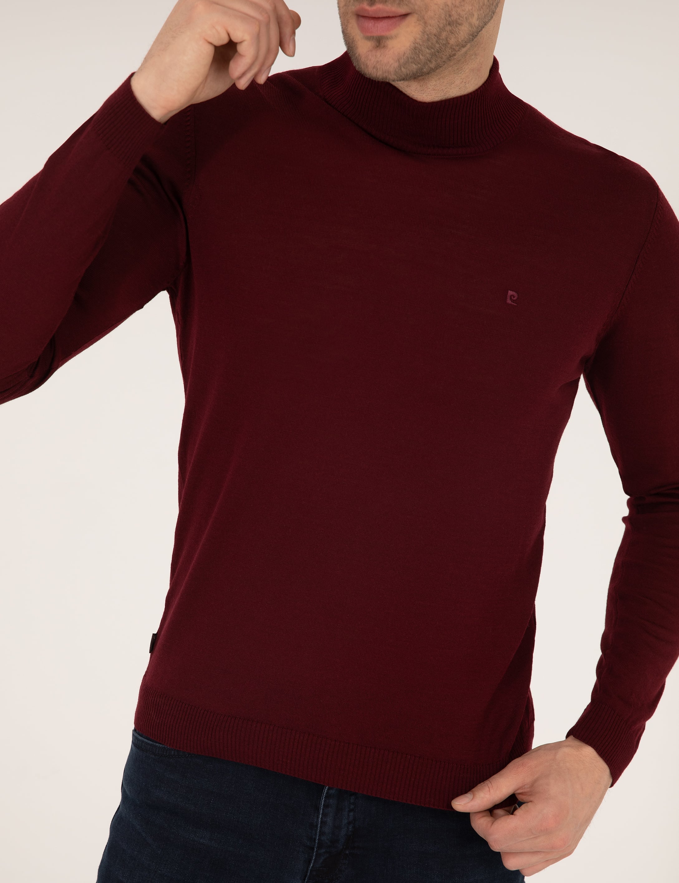 Bordo Slim Fit Yarım Balıkçı Yaka Yün Karışımlı Basic Triko Kazak