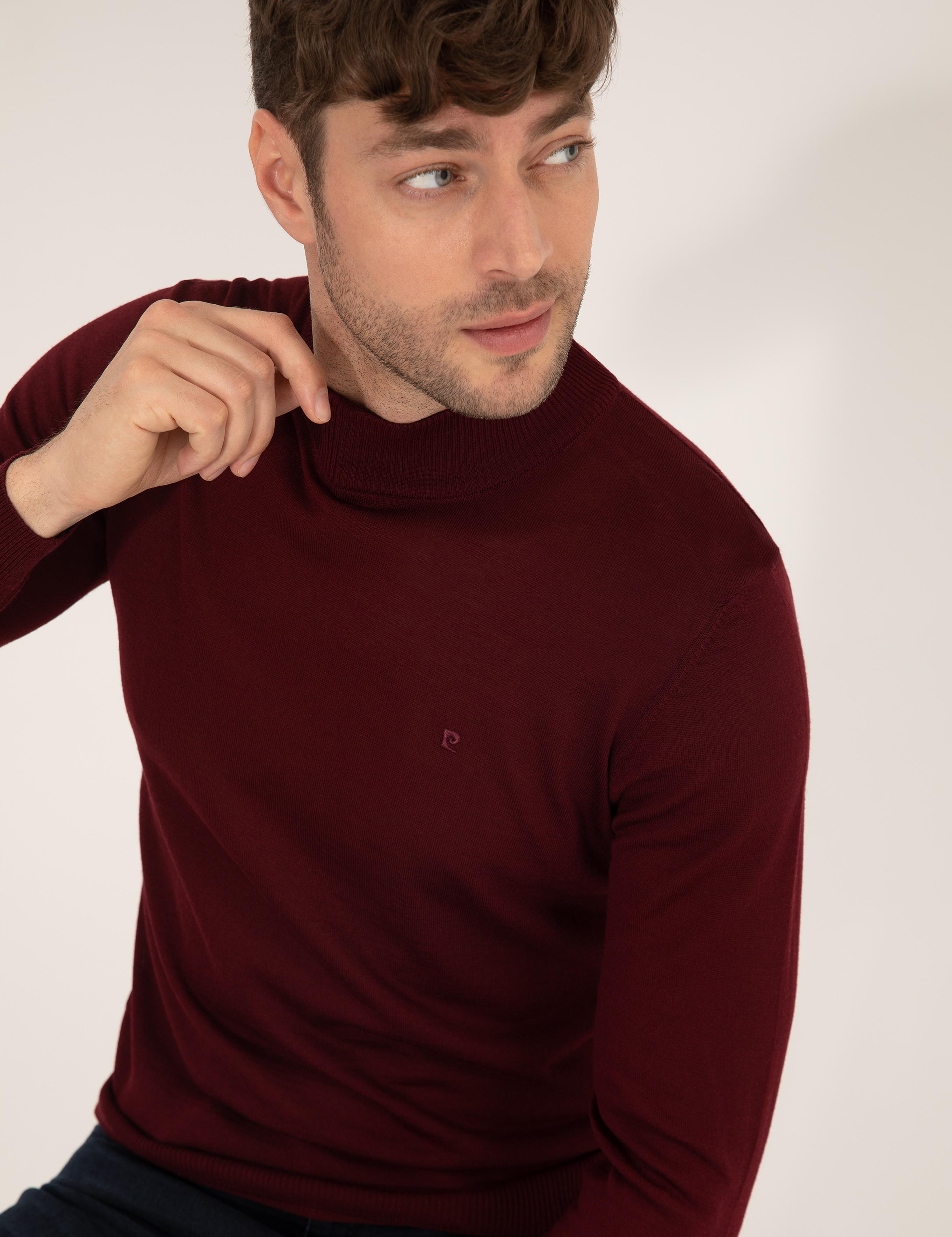 Bordo Slim Fit Yarım Balıkçı Yaka Yün Karışımlı Basic Triko Kazak