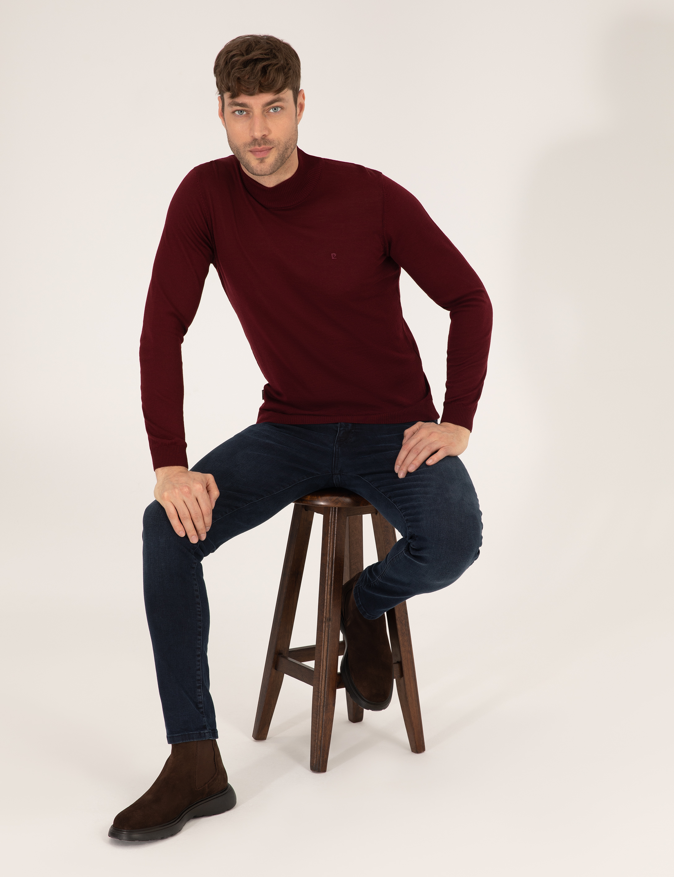 Pierre Cardin Bordo Slim Fit Yarım Balıkçı Yaka Yün Karışımlı Basic Triko Kazak görsel 2