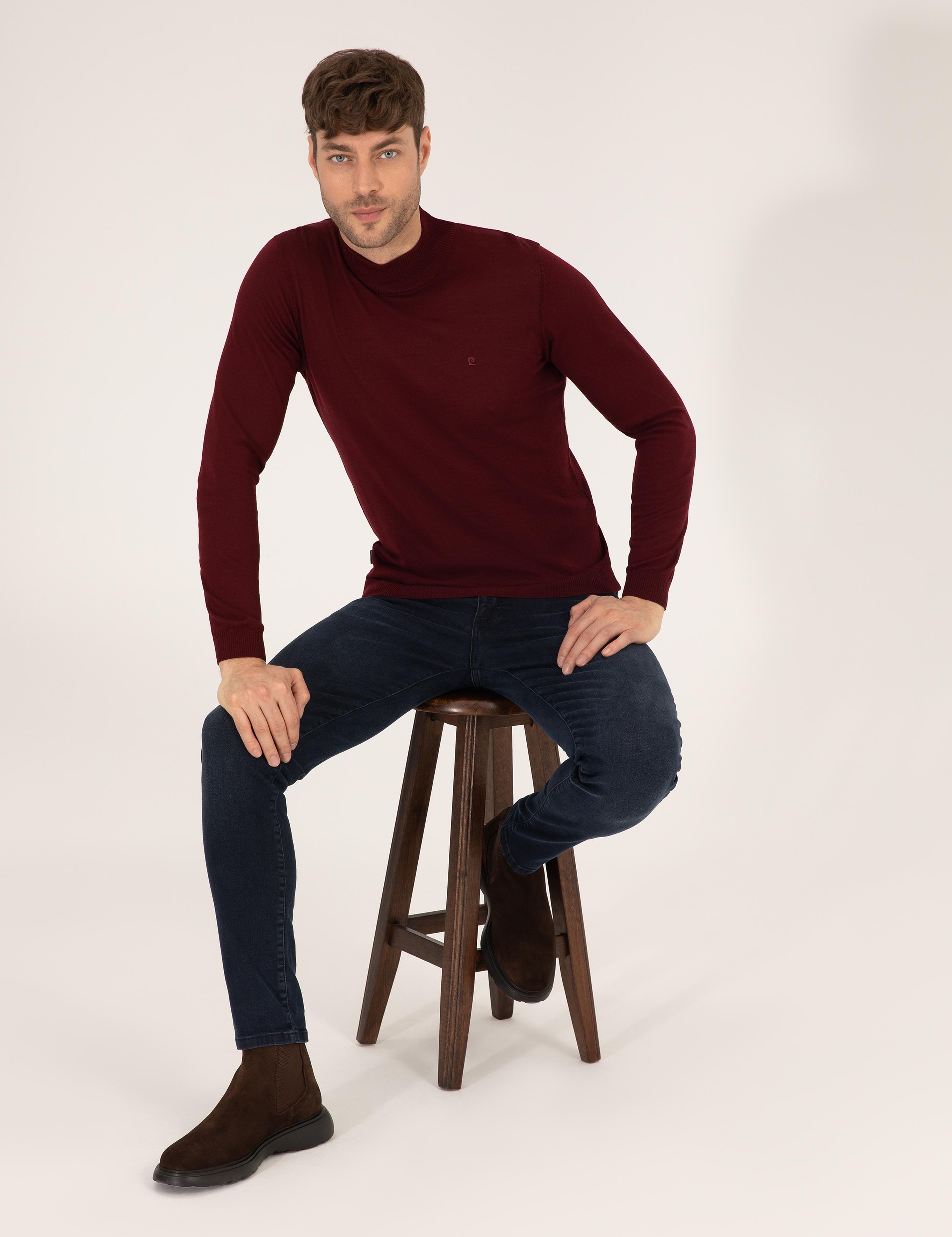 Bordo Slim Fit Yarım Balıkçı Yaka Yün Karışımlı Basic Triko Kazak