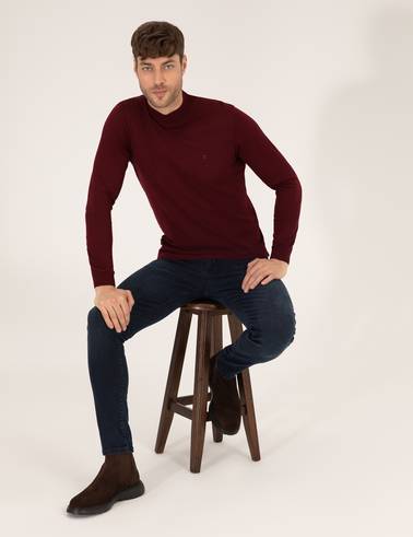 Bordo Slim Fit Yarım Balıkçı Yaka Yün Karışımlı Basic Triko Kazak