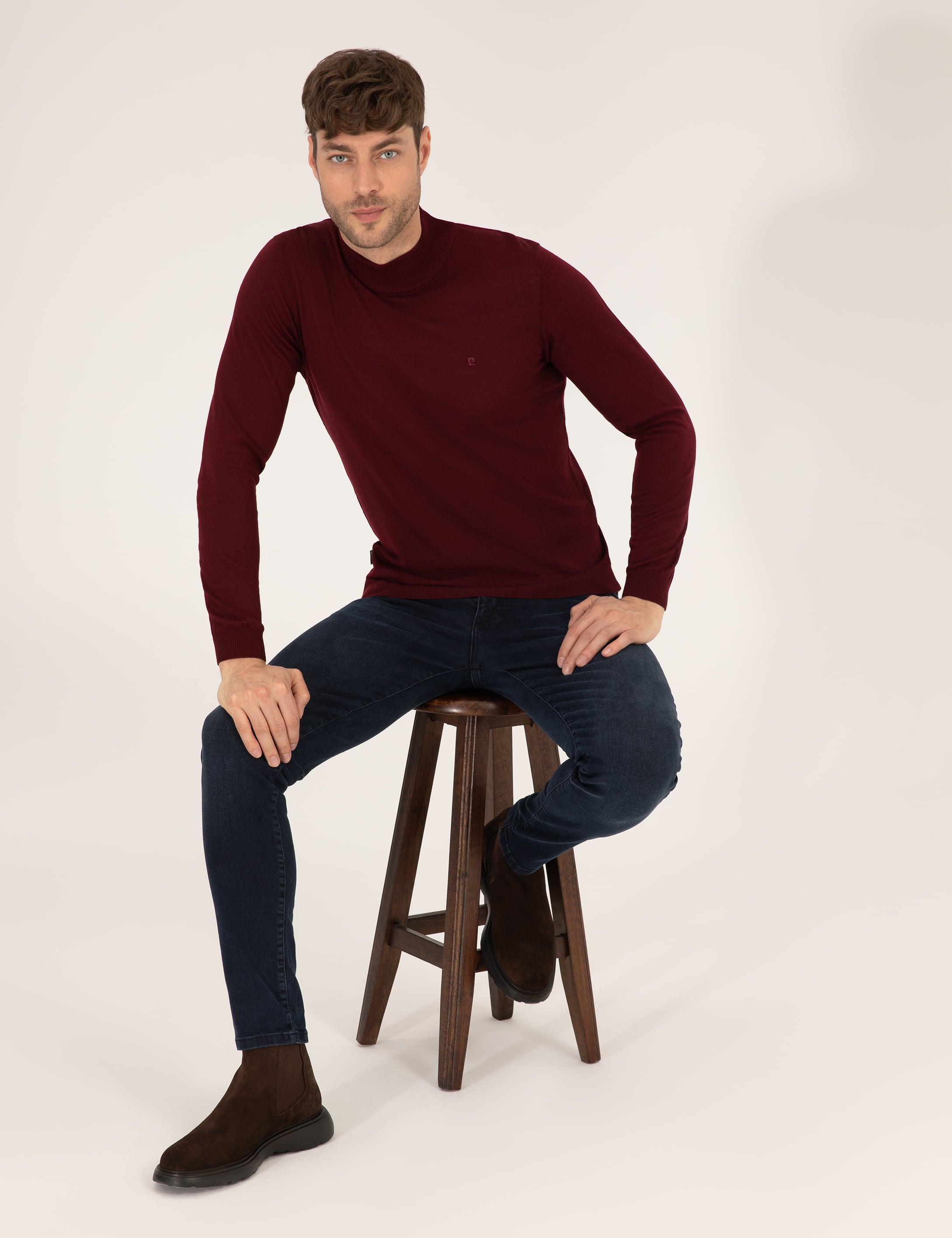 Bordo Slim Fit Yarım Balıkçı Yaka Yün Karışımlı Basic Triko Kazak