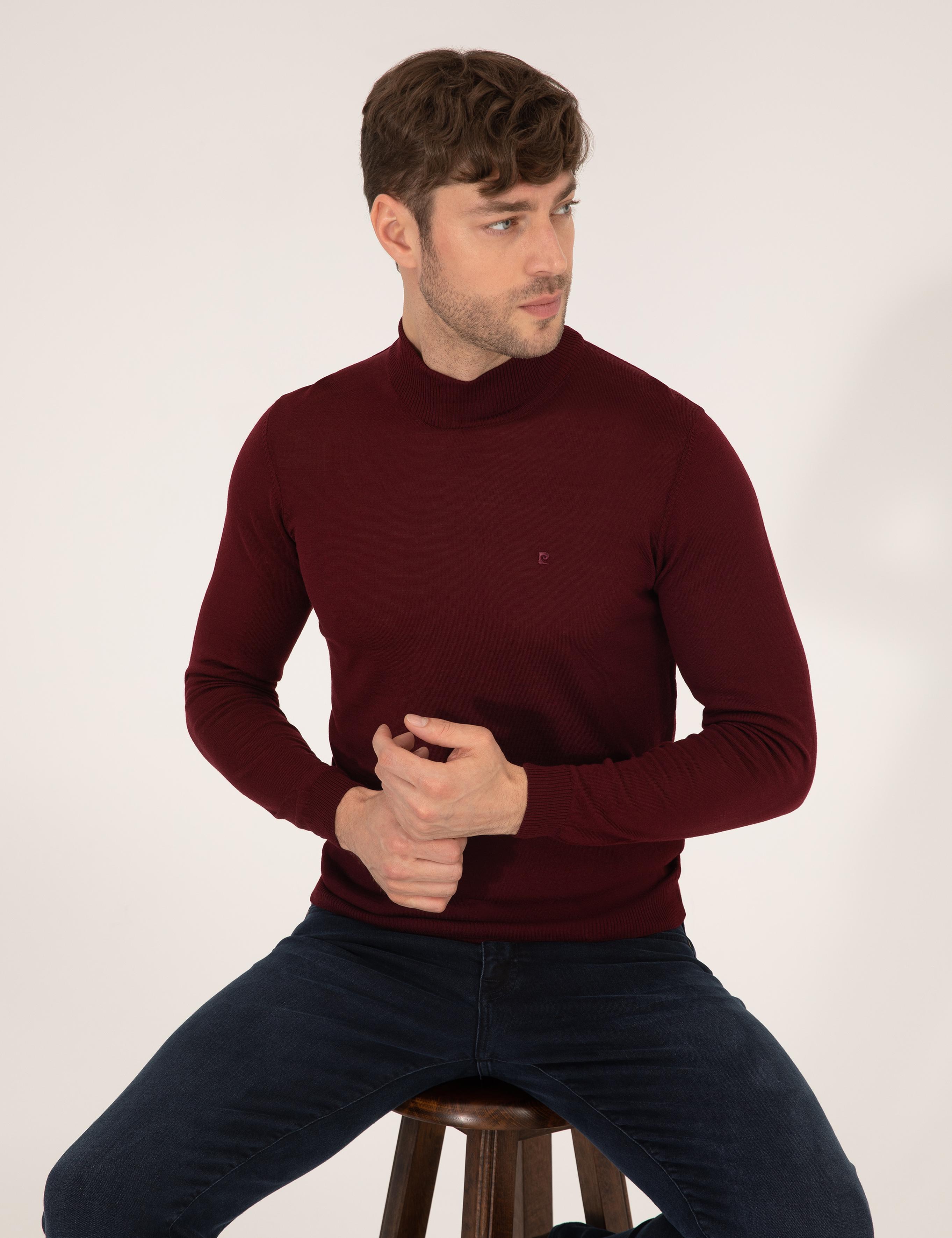 Bordo Slim Fit Yarım Balıkçı Yaka Yün Karışımlı Basic Triko Kazak