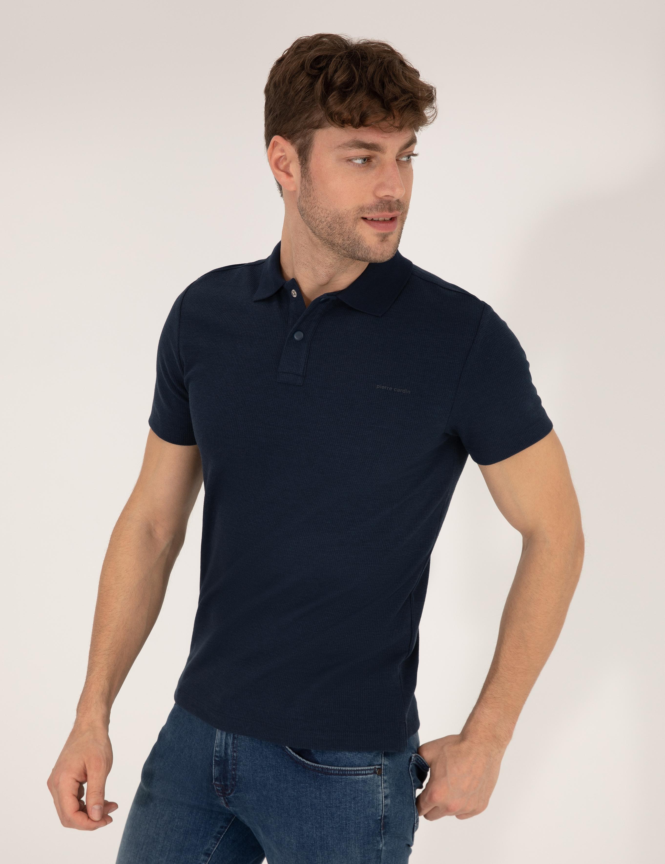 Lacivert Dokulu Slim Fit Polo Yaka Tişört