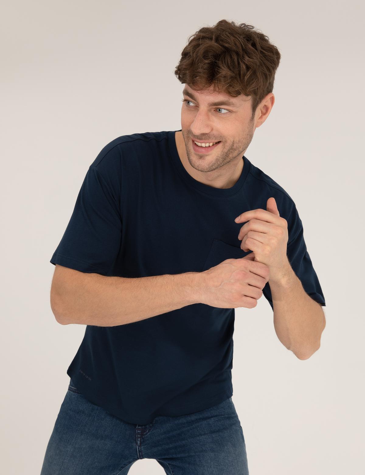 Lacivert Regular Fit Düz Cepli Bisiklet Yaka Tişört - 50270489028