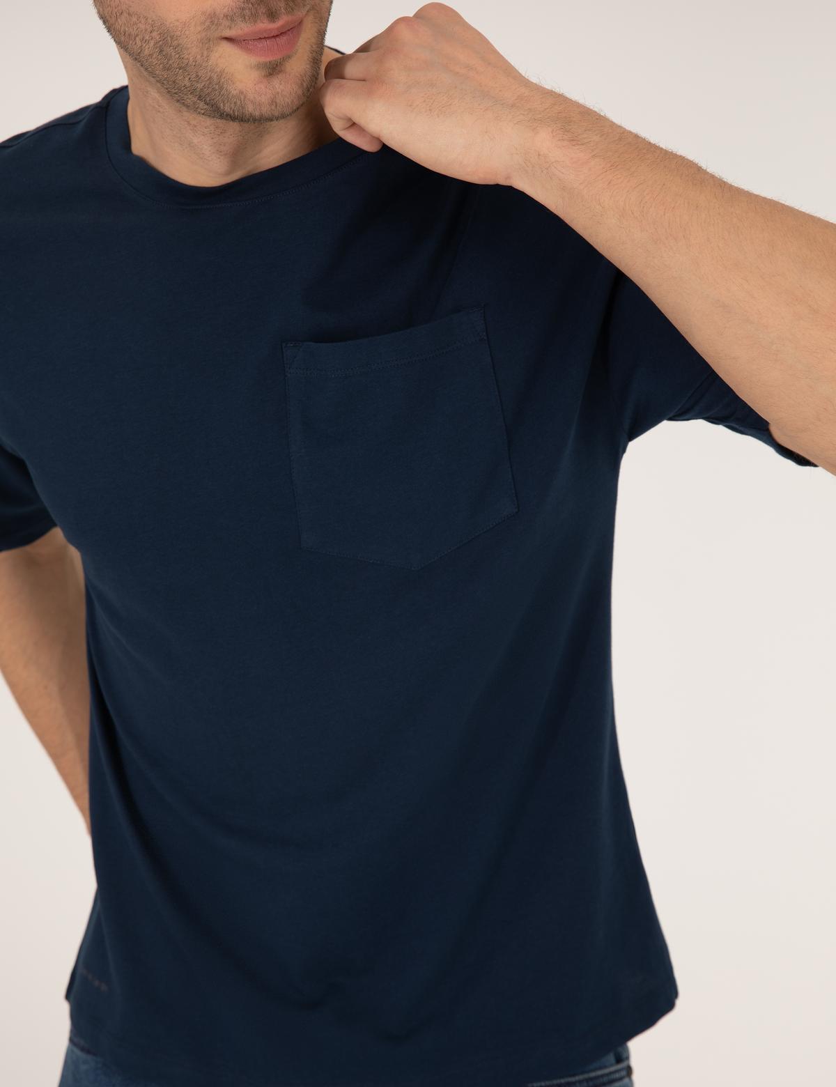 Lacivert Regular Fit Düz Cepli Bisiklet Yaka Tişört - 50270489026