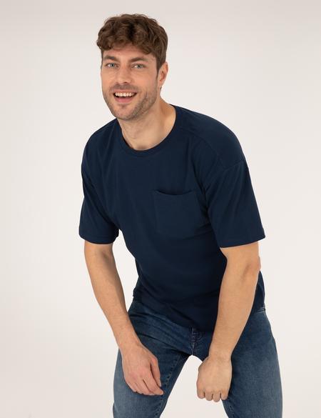 Lacivert Regular Fit Düz Cepli Bisiklet Yaka Tişört - 50270489026