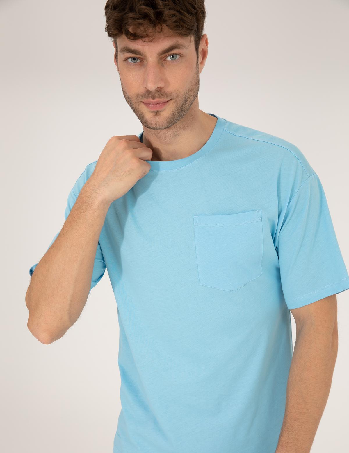 Açık Mavi Regular Fit Düz Cepli Bisiklet Yaka Tişört - 50270489033