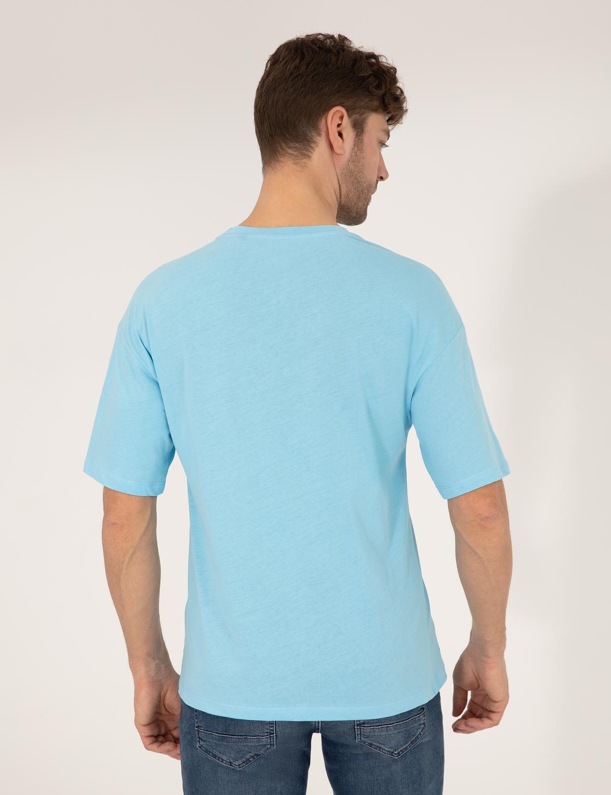 Açık Mavi Regular Fit Düz Cepli Bisiklet Yaka Tişört - 50270489033