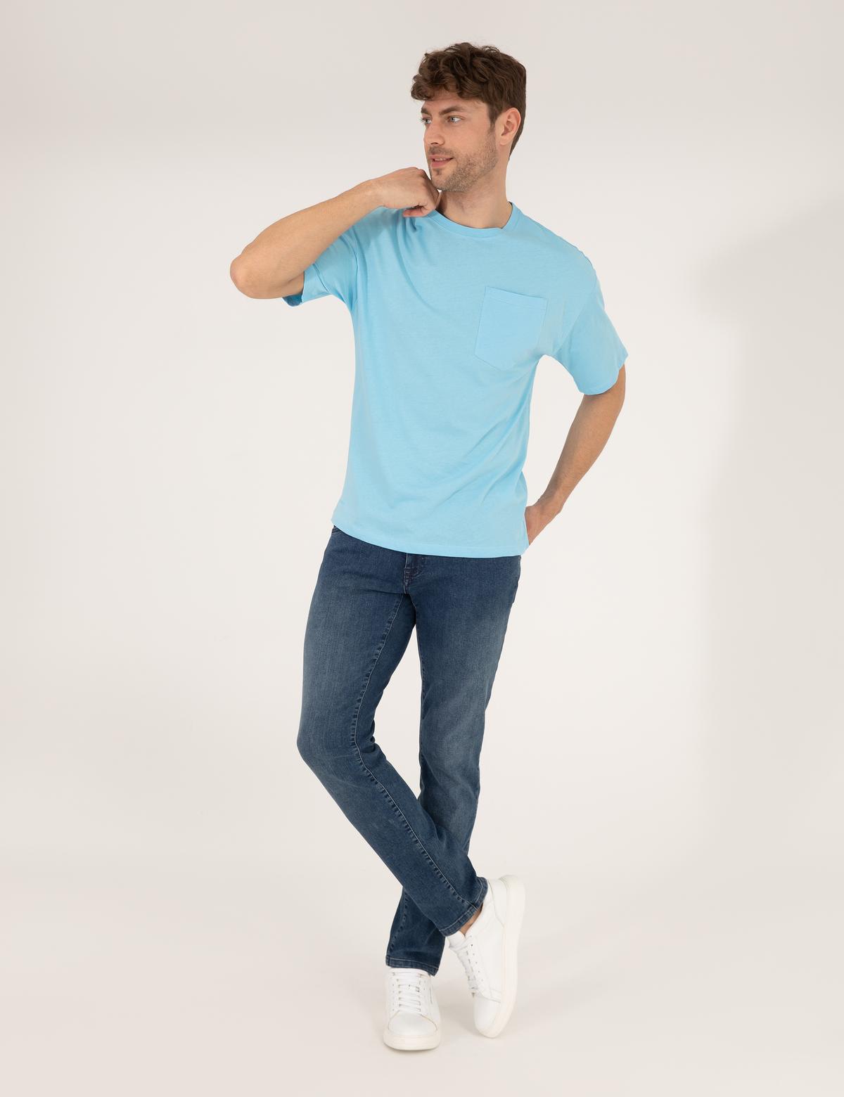 Açık Mavi Regular Fit Düz Cepli Bisiklet Yaka Tişört - 50270489033