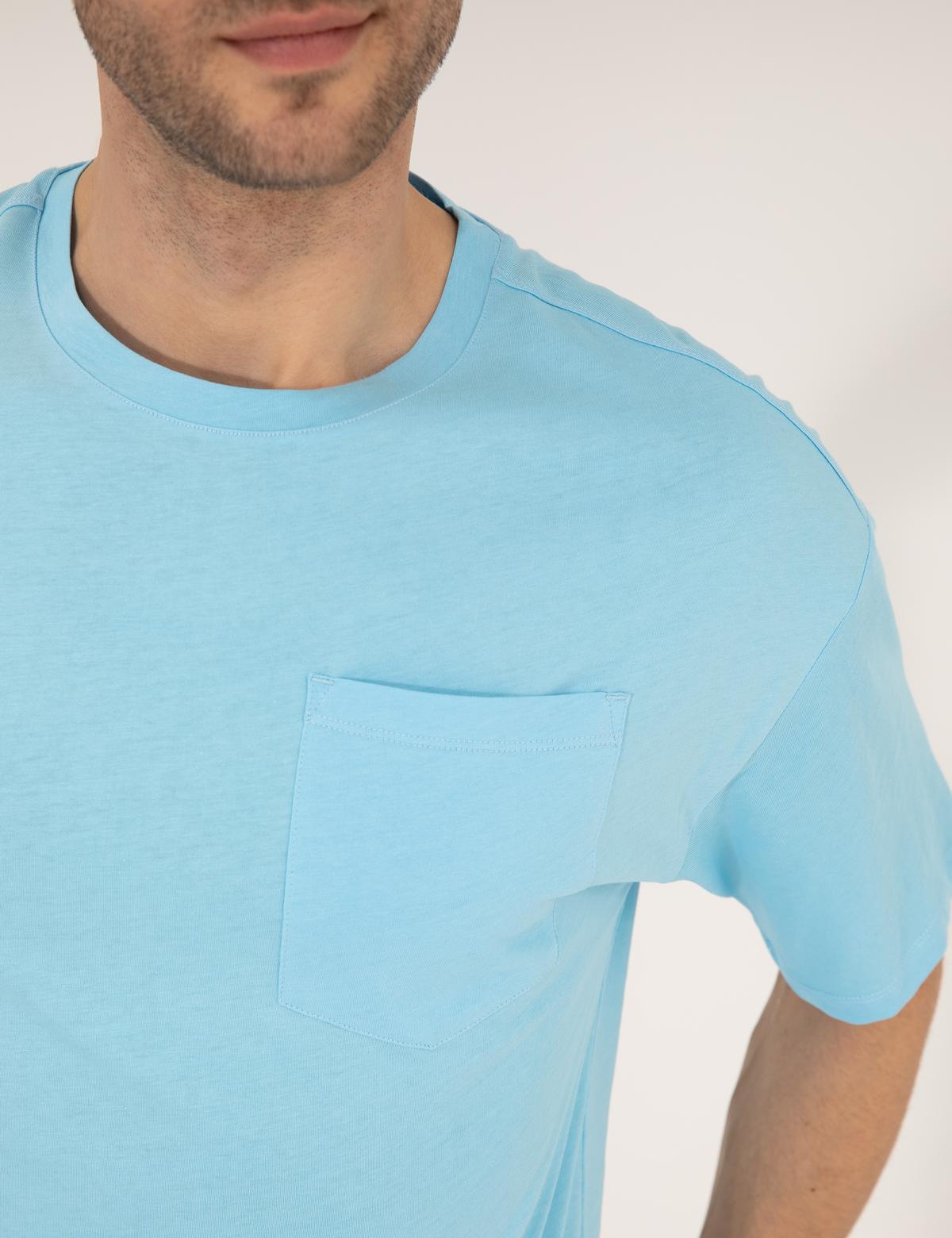 Açık Mavi Regular Fit Düz Cepli Bisiklet Yaka Tişört - 50270489033