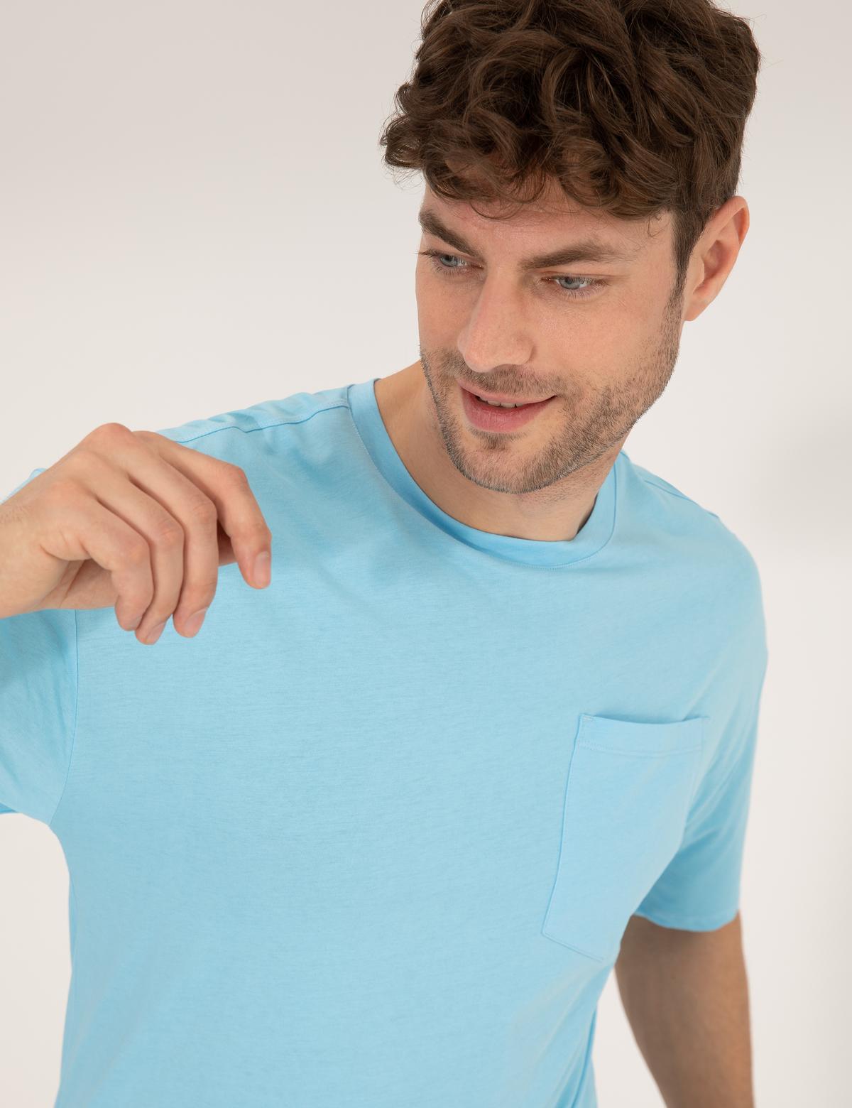 Açık Mavi Regular Fit Düz Cepli Bisiklet Yaka Tişört