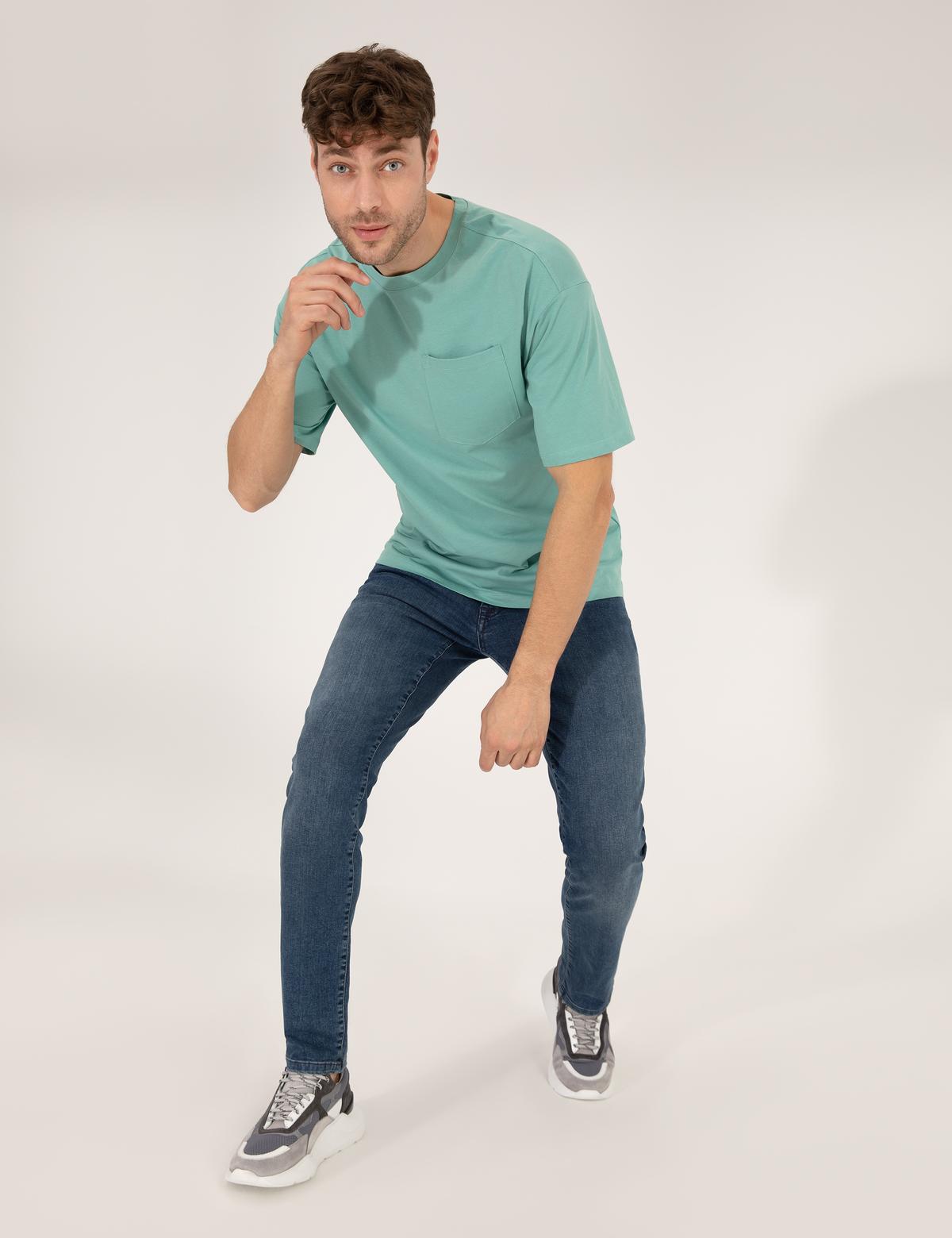 Yeşil Regular Fit Düz Cepli Bisiklet Yaka Tişört - 50270489057