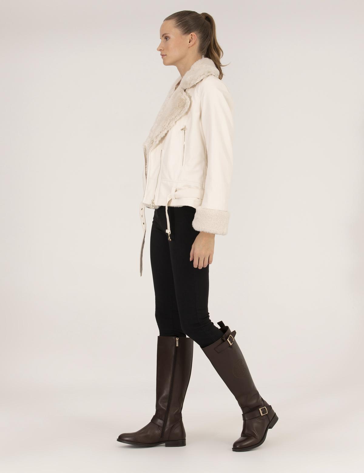 Ekru Crop Top Suni Deri Ceket - 50254300025