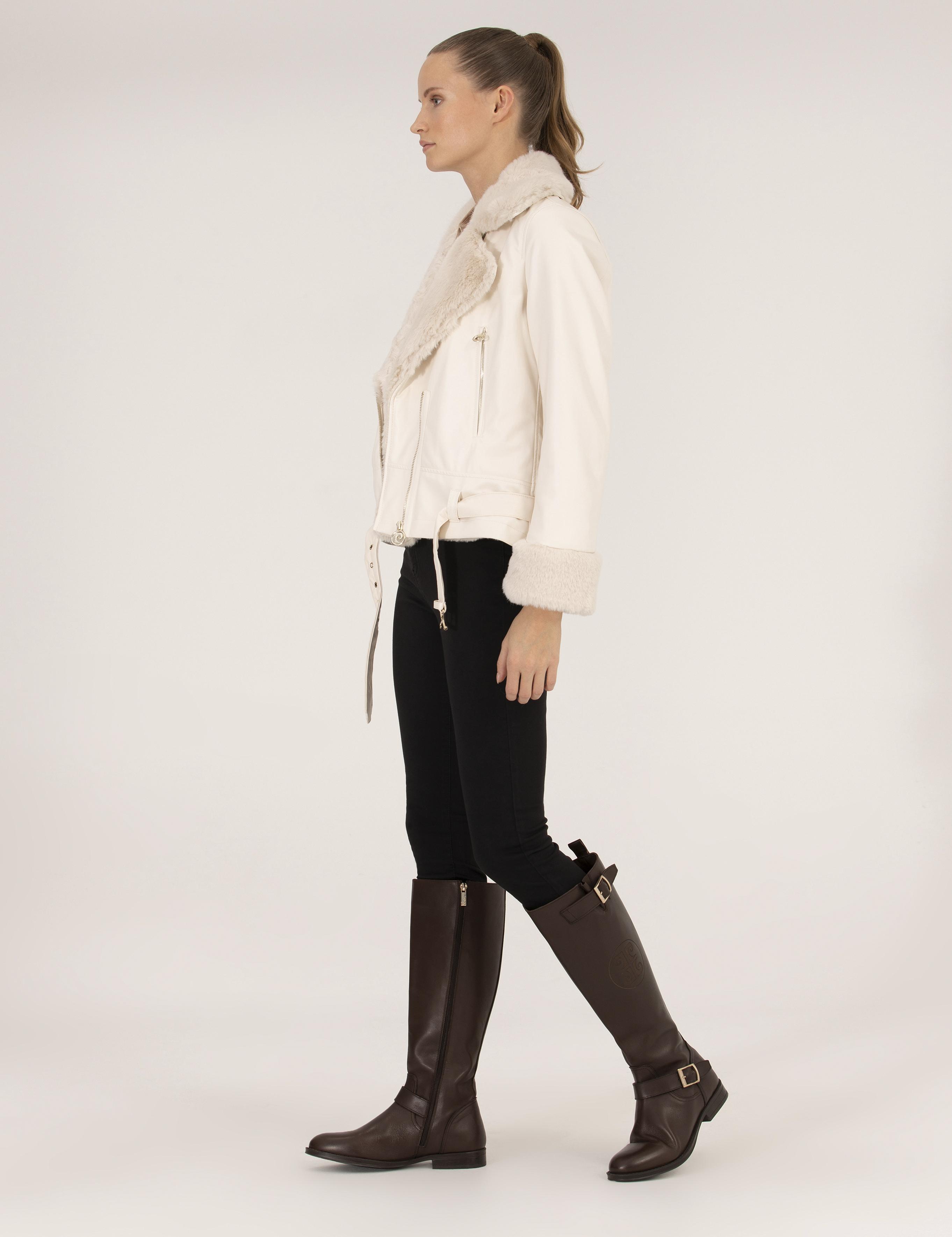 Ekru Crop Top Suni Deri Ceket