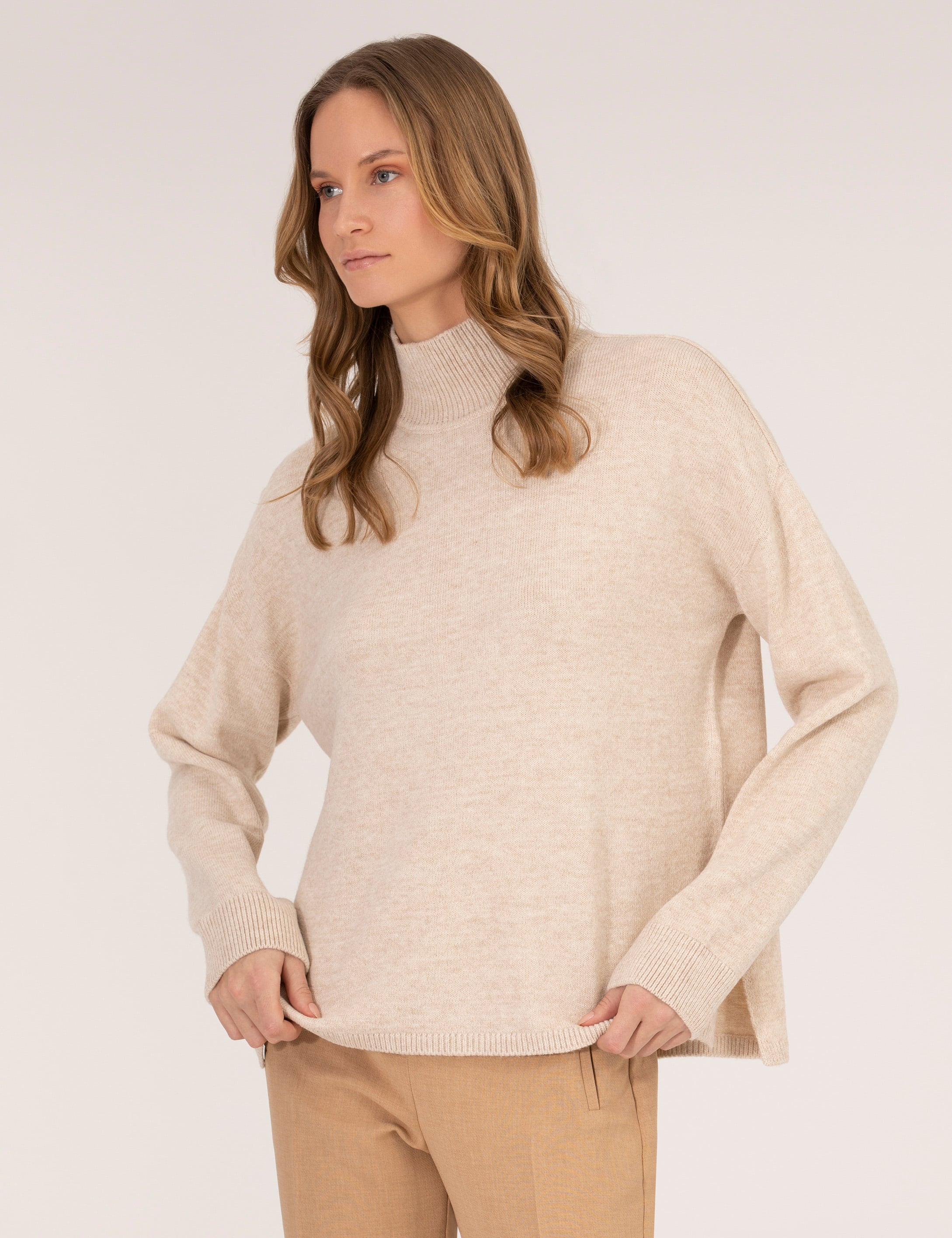 Krem Melanj Comfort Fit Basic Balıkçı Yaka Kazak