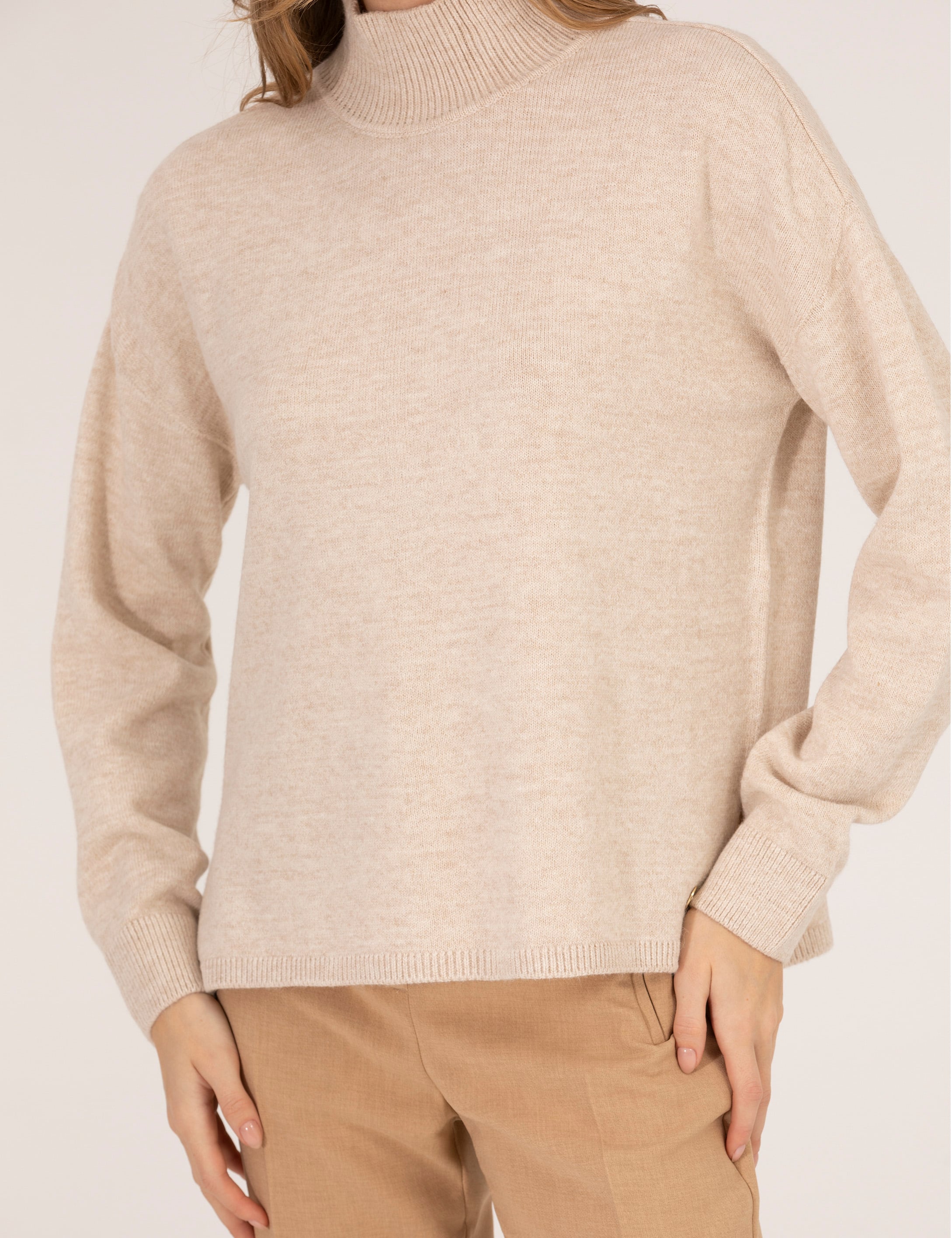 Krem Melanj Comfort Fit Basic Balıkçı Yaka Kazak