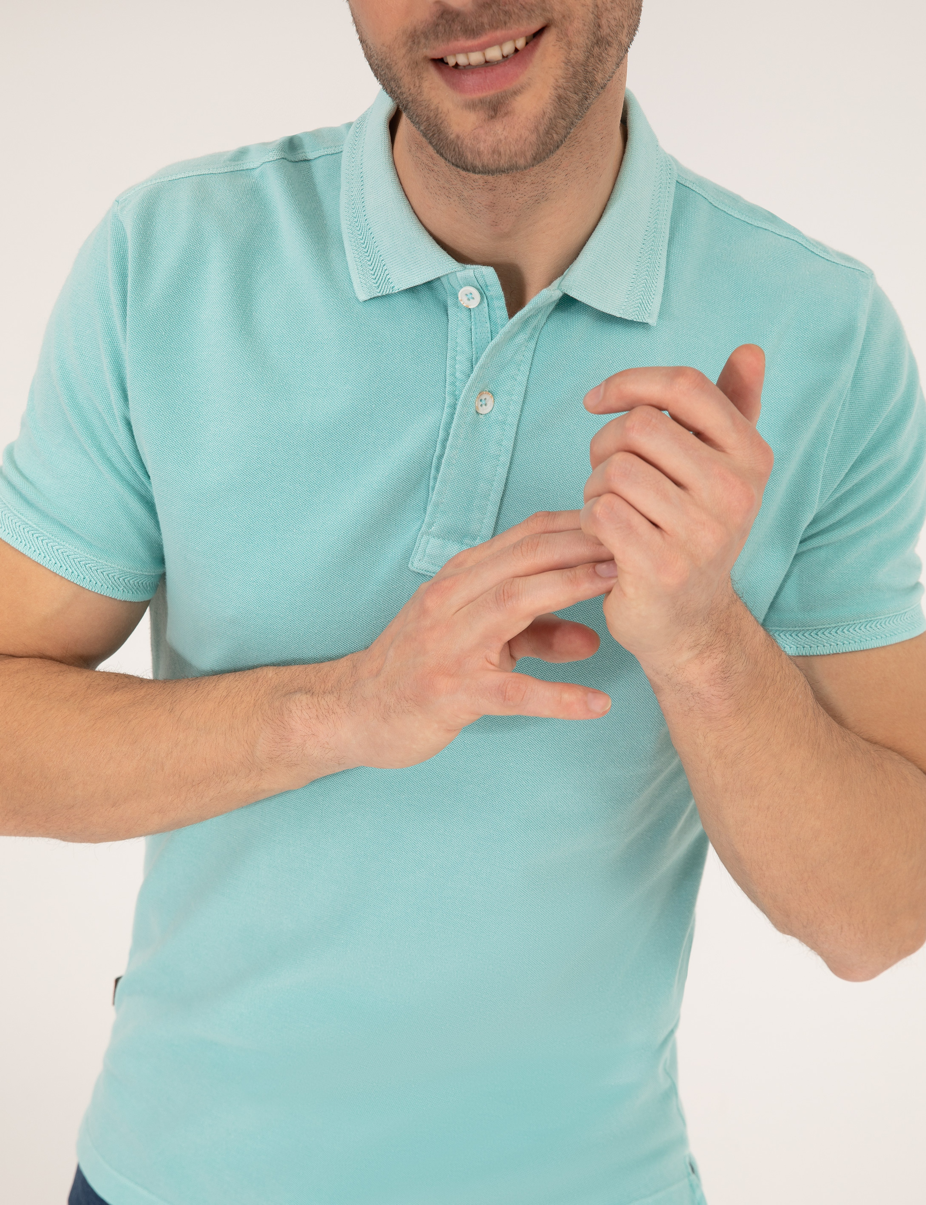 Mavi Slim Fit Dokulu Polo Yaka Tişört