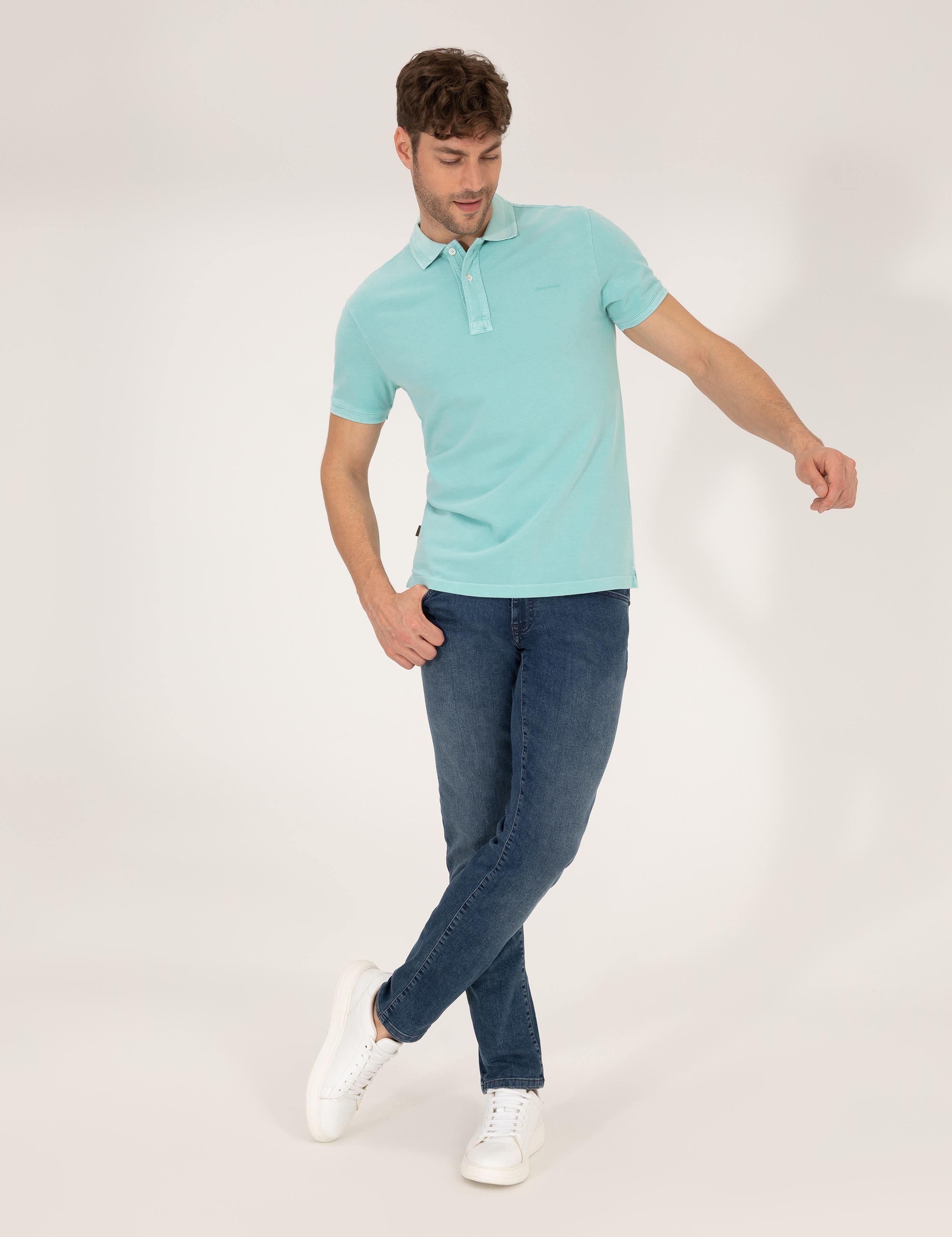 Mavi Slim Fit Dokulu Polo Yaka Tişört