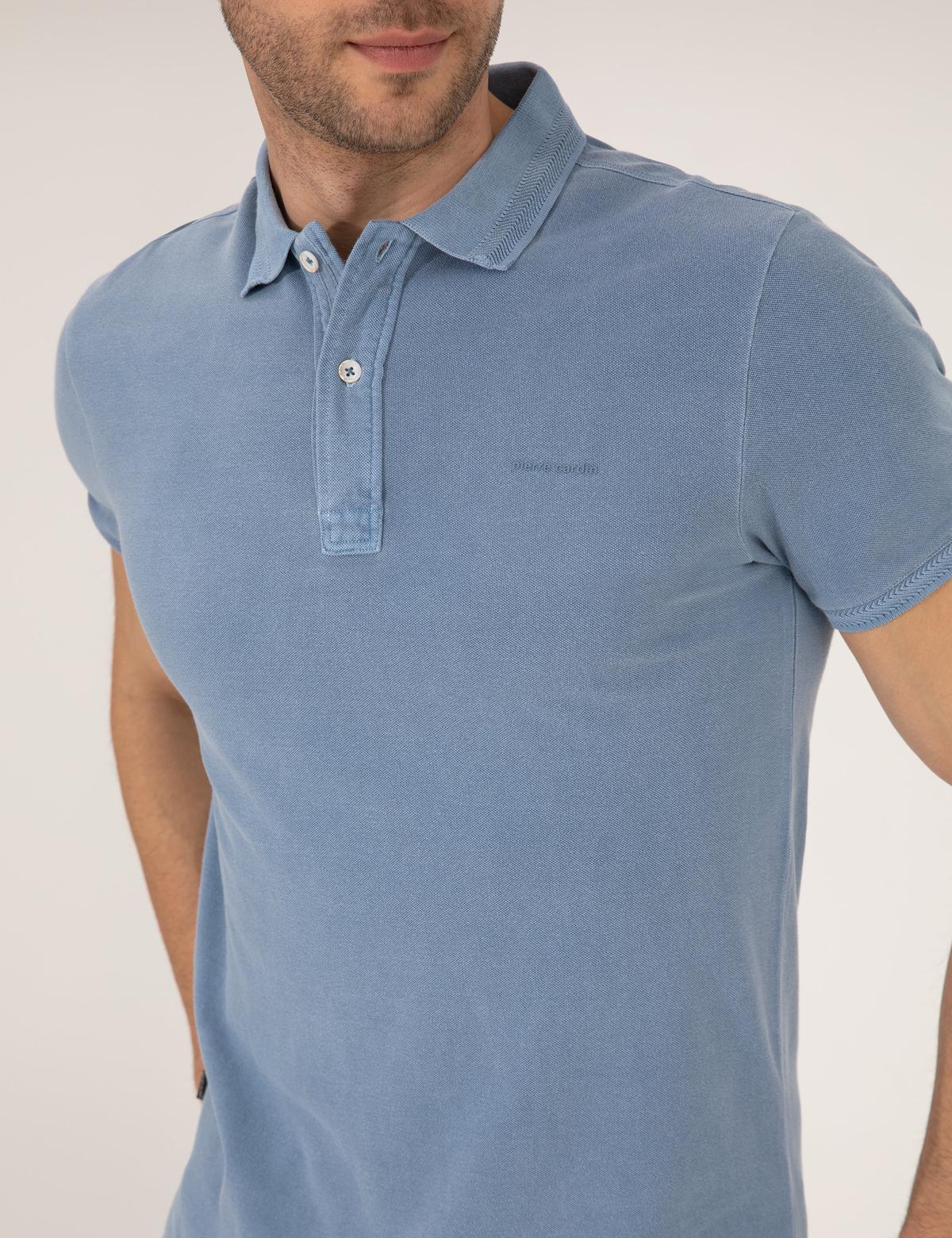 Koyu Mavi Slim Fit Eskitme Polo Yaka Tişört - 50264742085