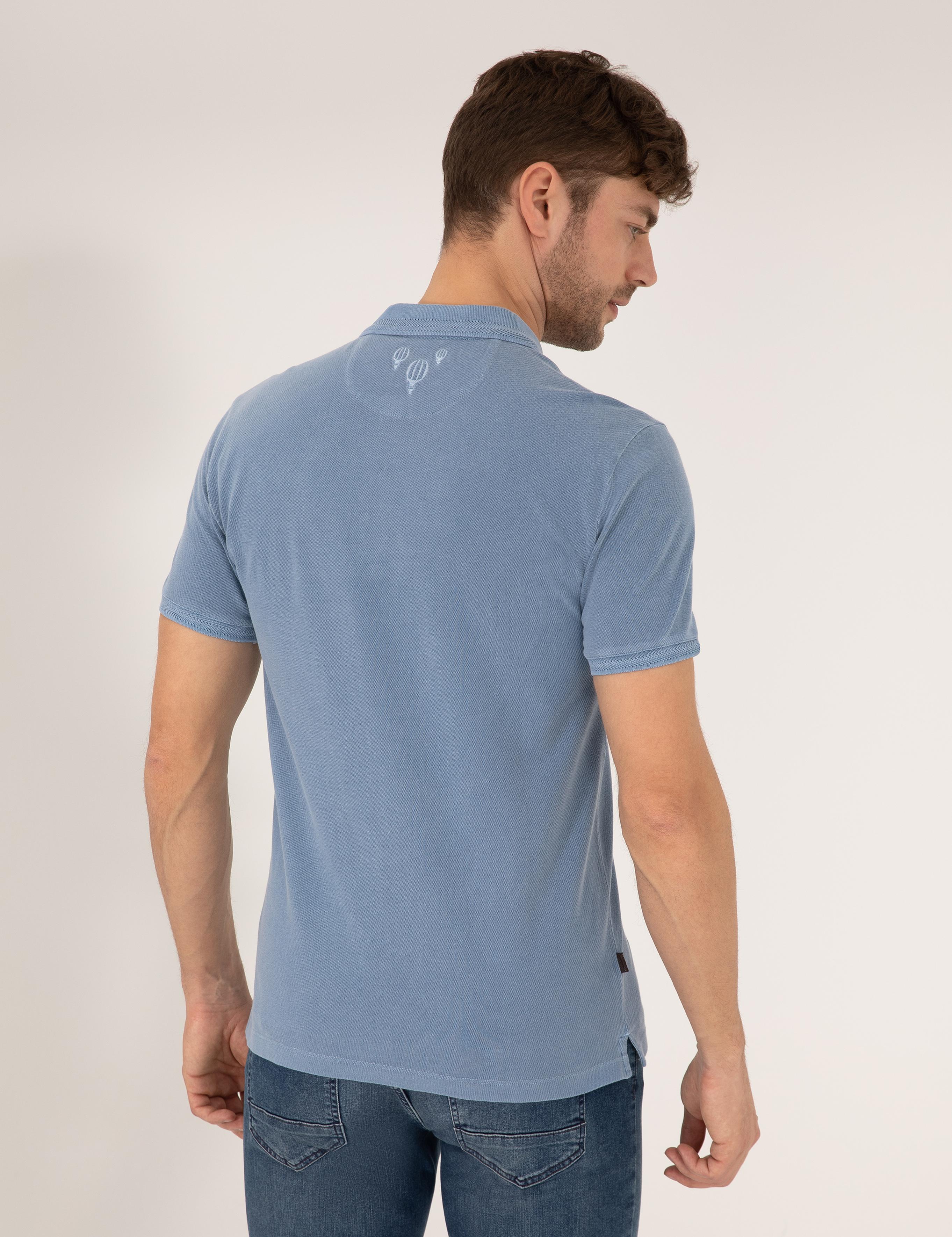 Koyu Mavi Slim Fit Eskitme Polo Yaka Tişört