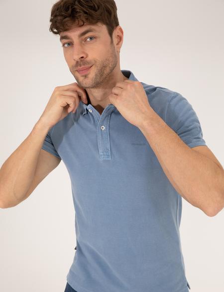 Koyu Mavi Slim Fit Eskitme Polo Yaka Tişört - 50264742085