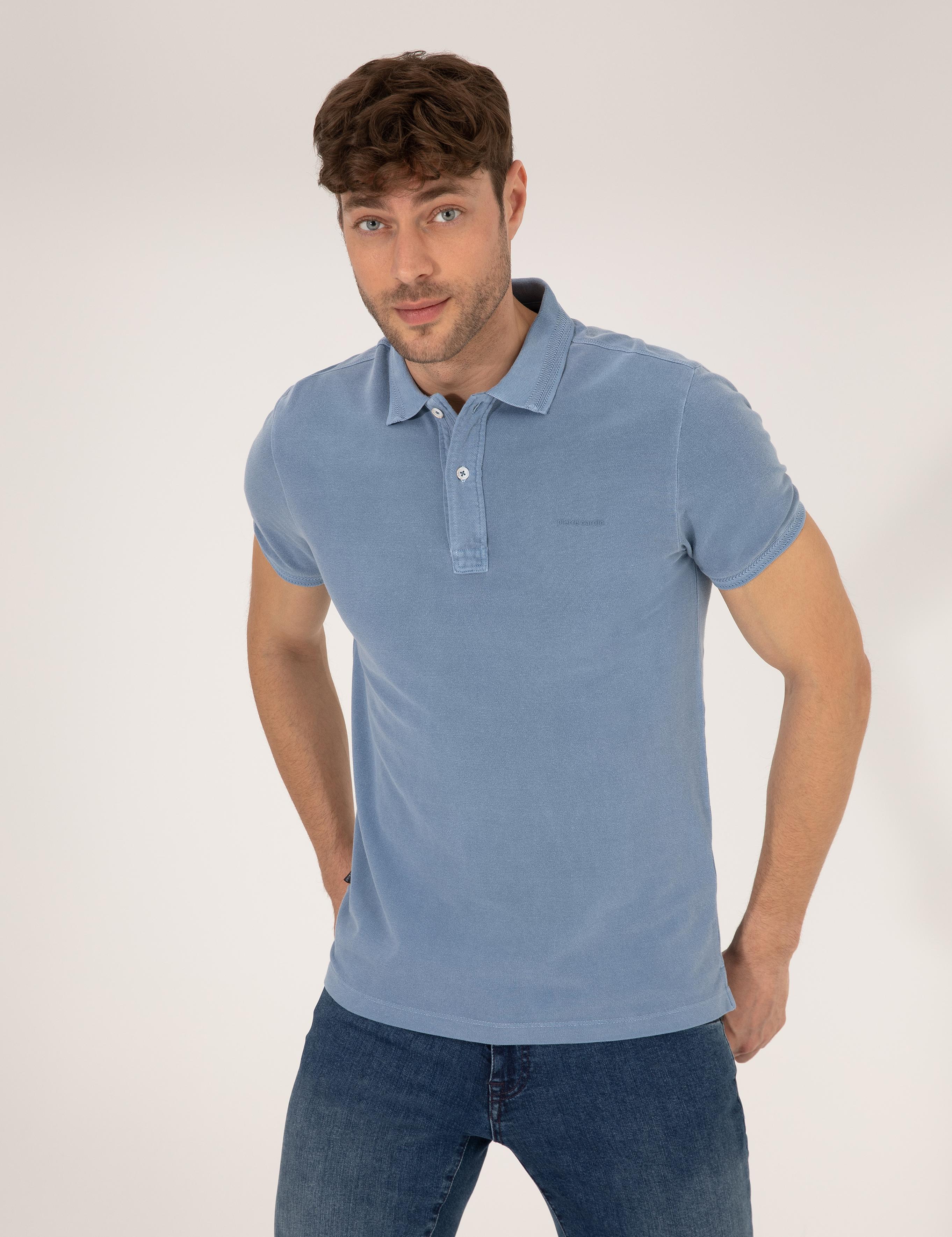 Koyu Mavi Slim Fit Eskitme Polo Yaka Tişört