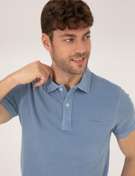 Koyu Mavi Slim Fit Eskitme Polo Yaka Tişört - 50264742085