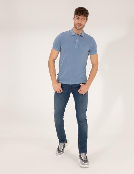 Koyu Mavi Slim Fit Eskitme Polo Yaka Tişört - 50264742085