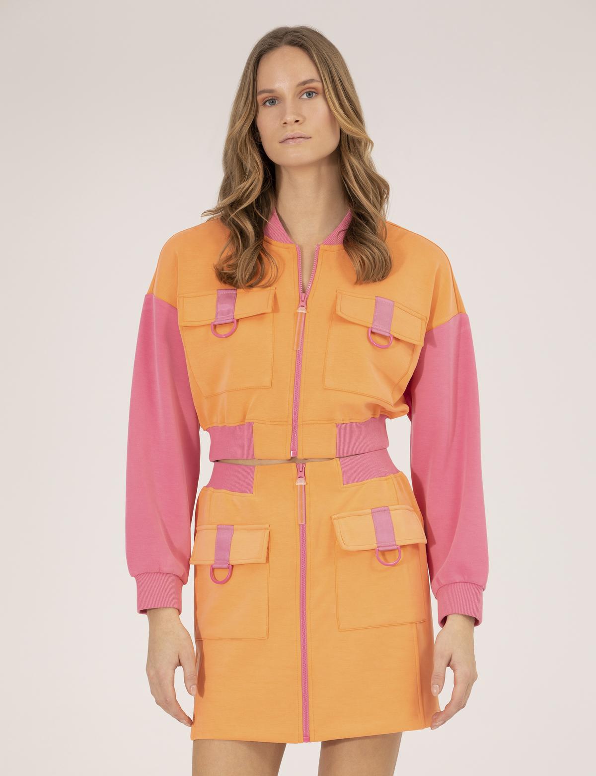 Turuncu Crop Top Fermuarlı Sweatshirt