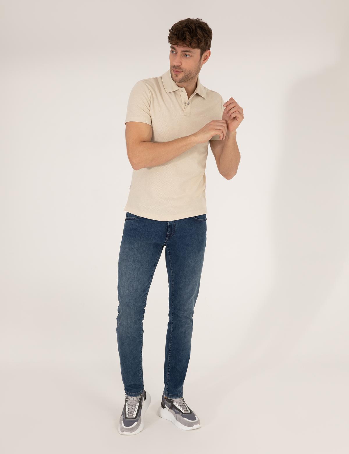 Bej Dokulu Slim Fit Polo Yaka Tişört - 50269310021