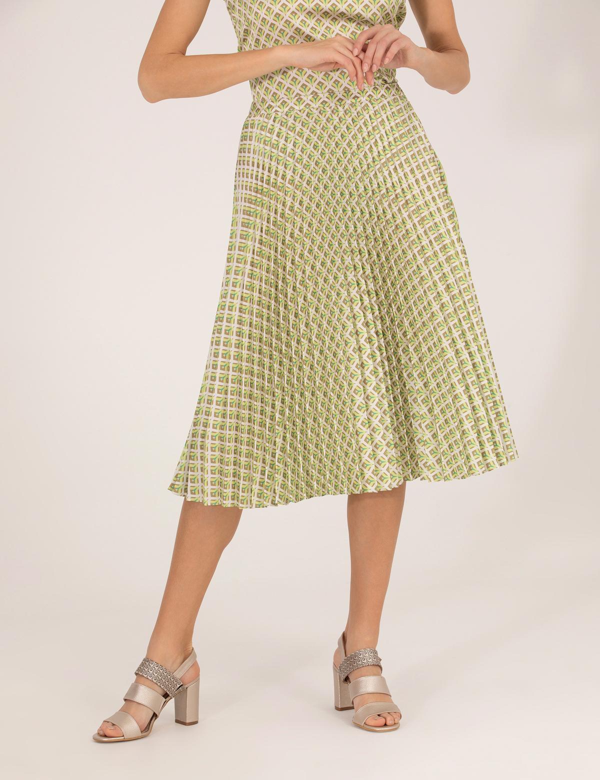 Yeşil Desenli Pileli Midi Etek - 50269324007