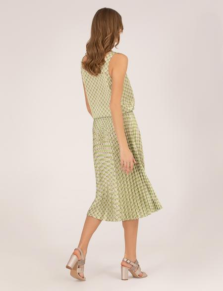 Yeşil Desenli Pileli Midi Etek - 50269324007